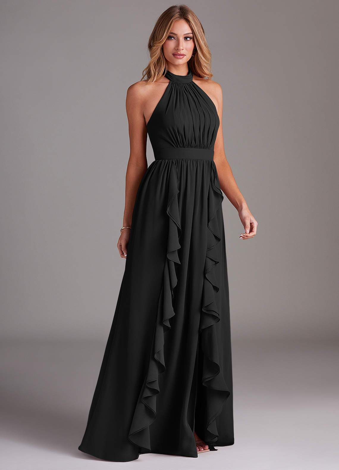 Azazie A-Line Halter Neck Floor-Length Chiffon Bridesmaid Dresses - Black
