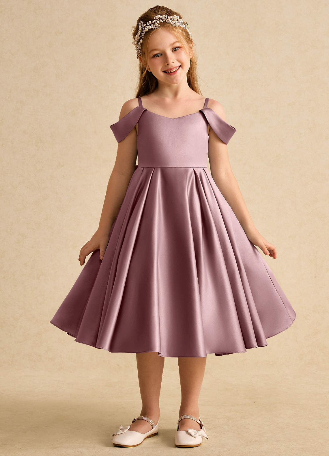 Azazie Favia Flower Girl Dresses Dusty Rose A-Line Off the Shoulder Matte Satin Dress image1