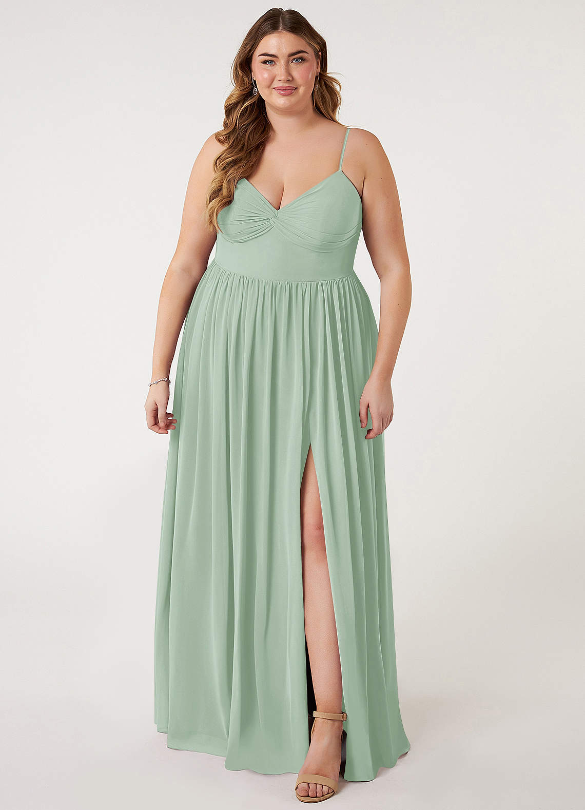 Azazie Zeya Bridesmaid Dresses Agave A-Line V-Neck Pleated Chiffon Dress image5