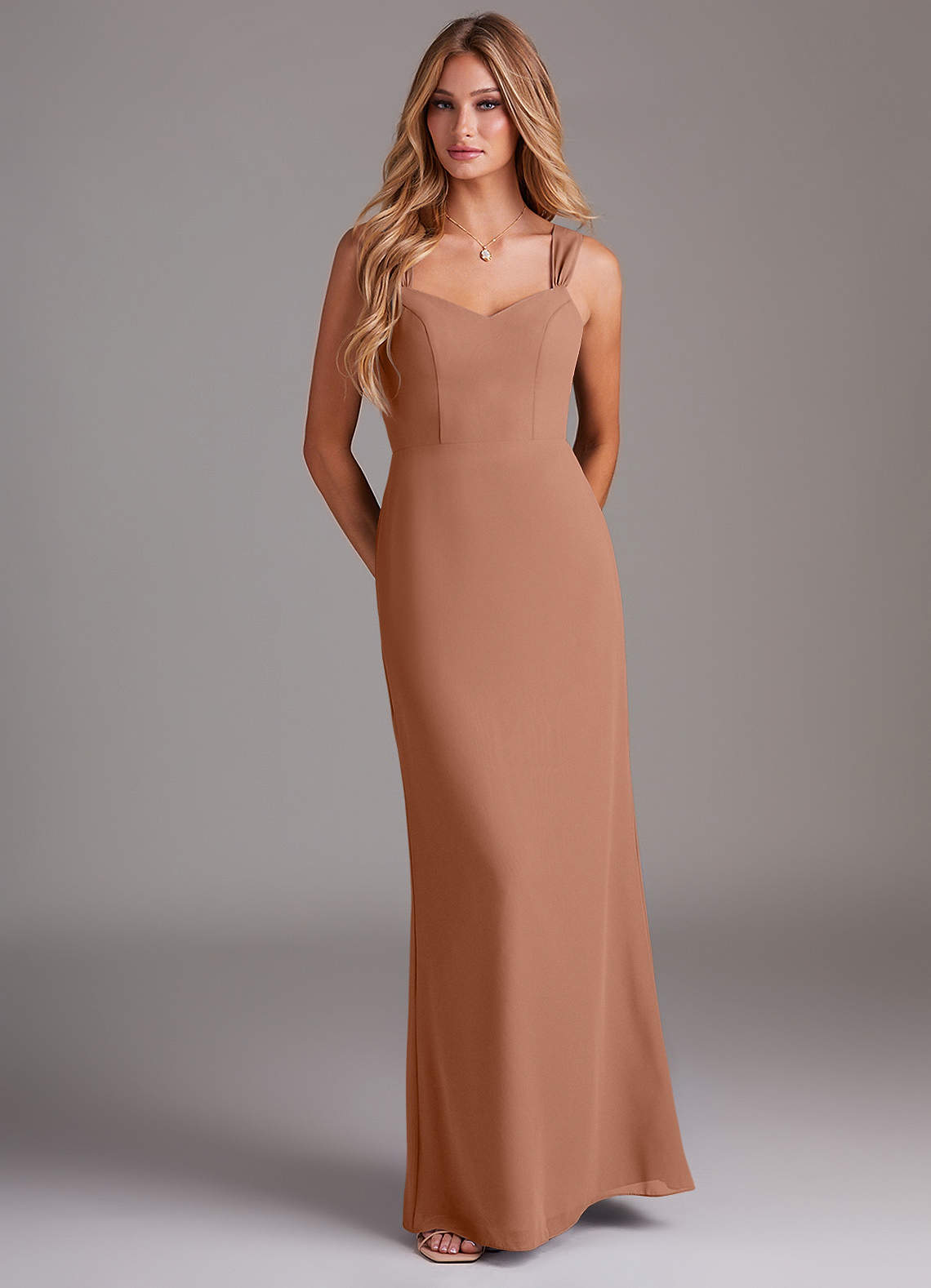Azazie Denice Bridesmaid Dresses Bronzer Sheath Pleated Chiffon Dress image1
