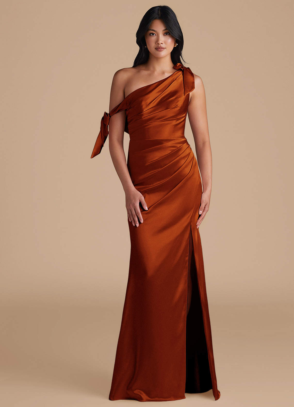Azazie Xyla Bridesmaid Dresses Auburn Sheath Off the Shoulder Metallic Satin Convertible Dress image1