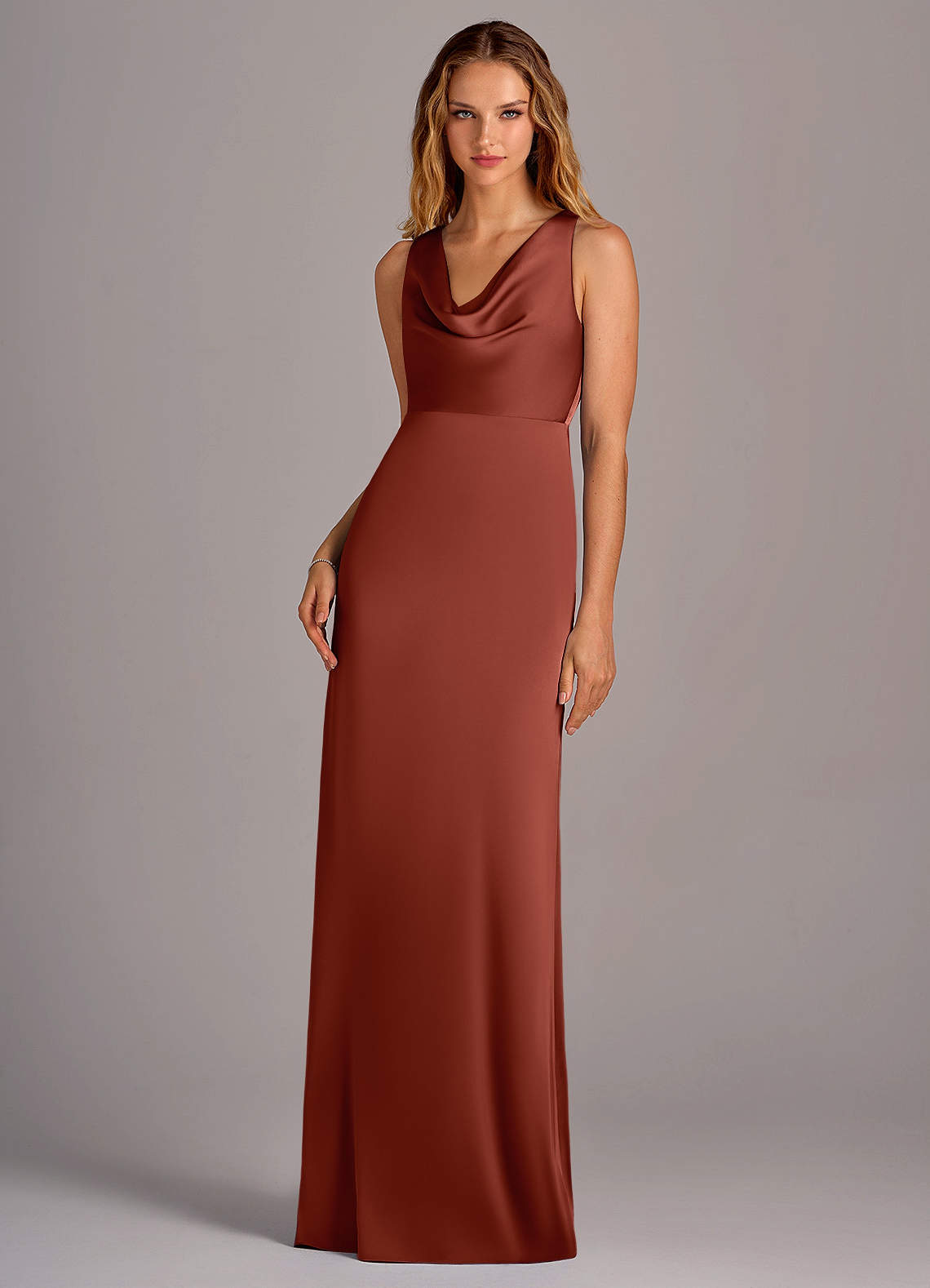 Azazie Wrenlee Bridesmaid Dresses Terracotta A-Line Stretch Satin Dress image1