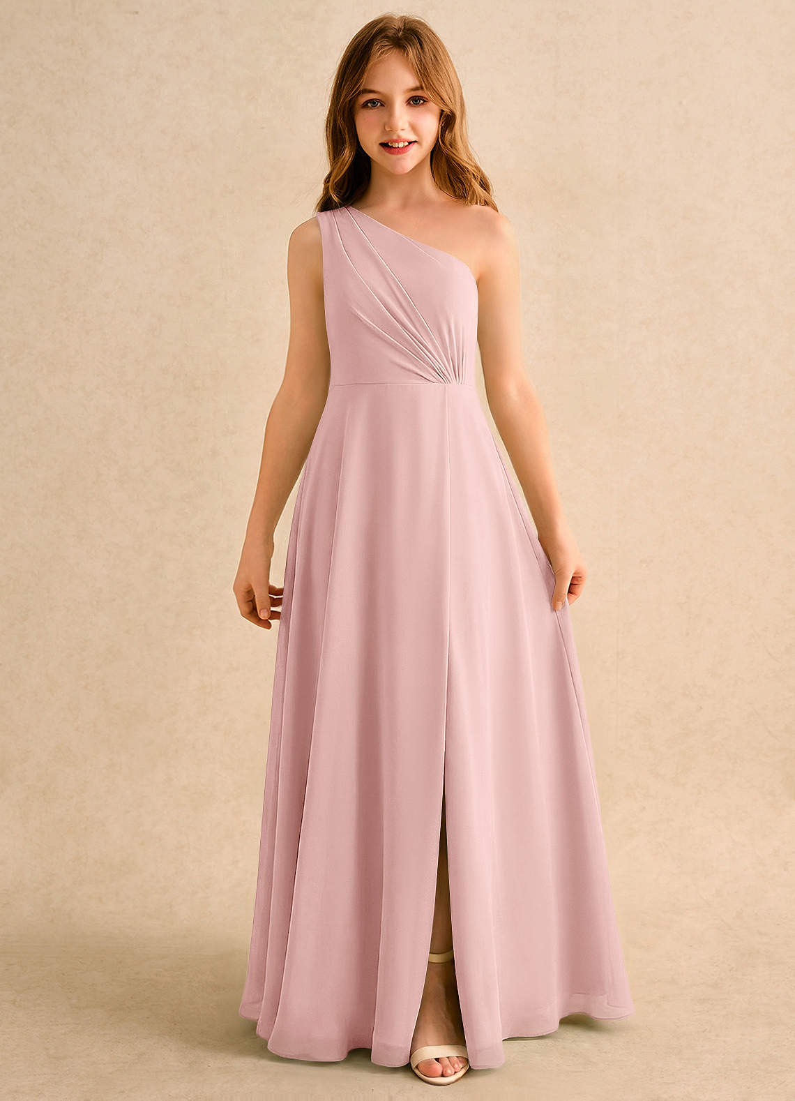 Azazie Puddles Girls Formal Robe Demoiselle D'honneur Fillette Robe Trapèze en Mousseline de soie Une épaule Rose Poudré image5