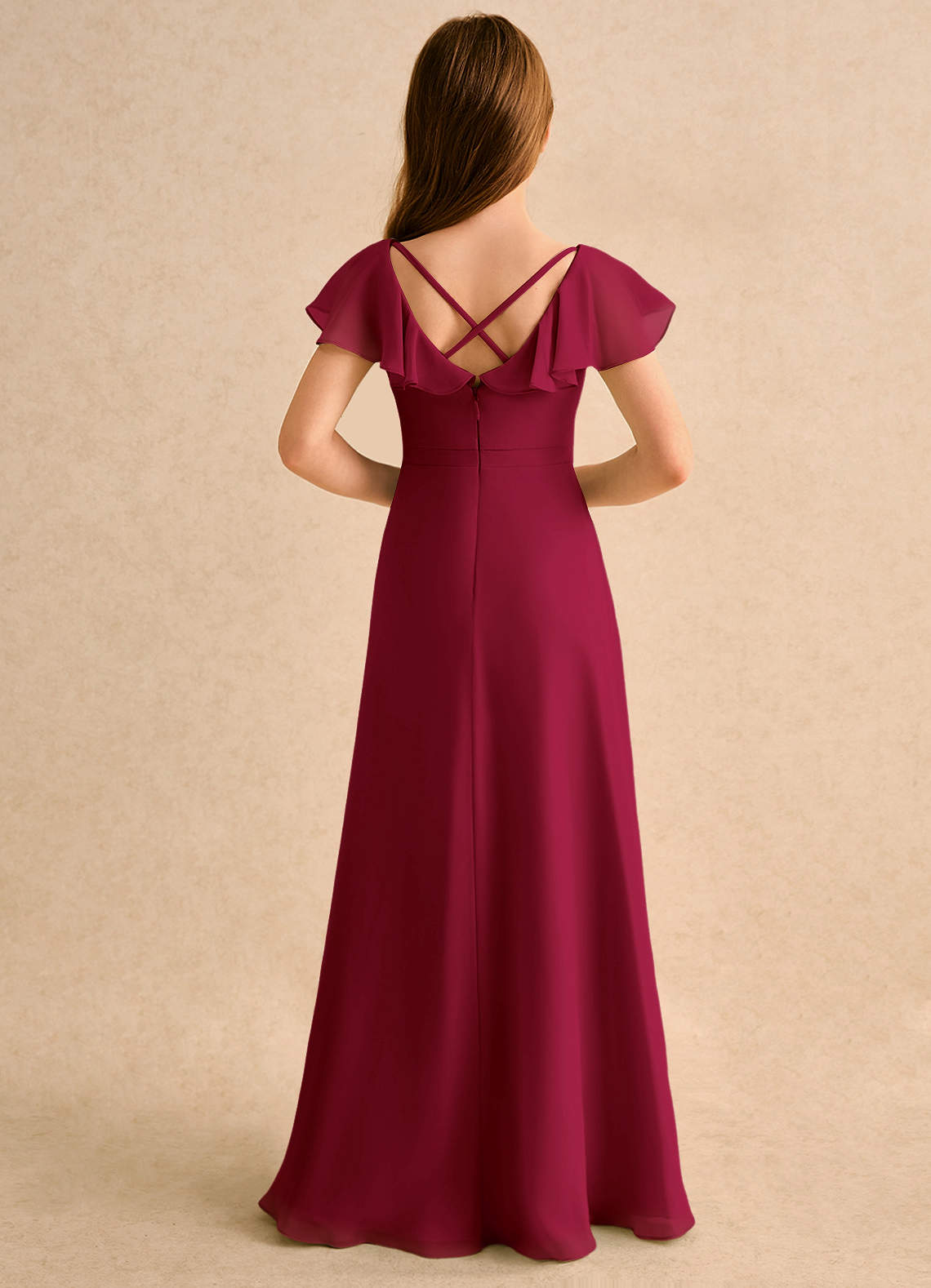 Azazie Nari Girls Formal Flower Girl Dresses Burgundy A-Line with Sleeves Chiffon Dress image1