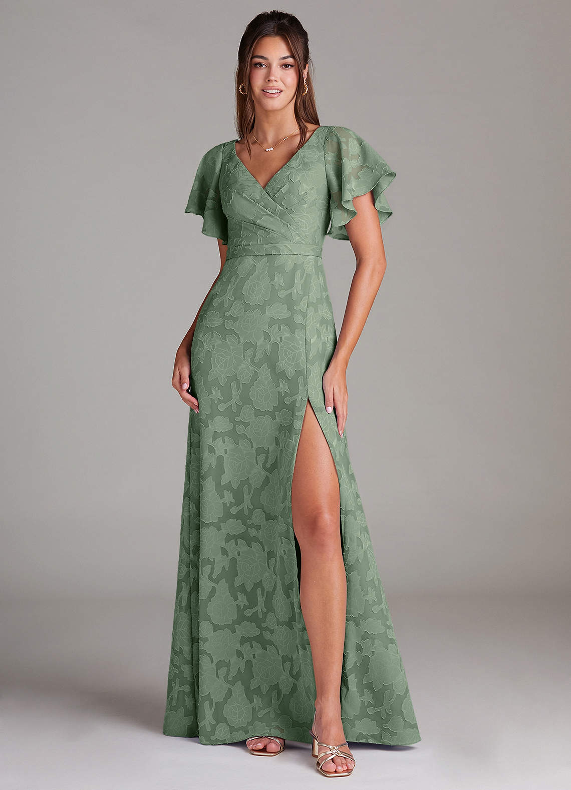 Azazie Ambrosia Vestidos de damas de honor Vestido de Matcha de Devorado Floral de Corte en A con Plisado image1