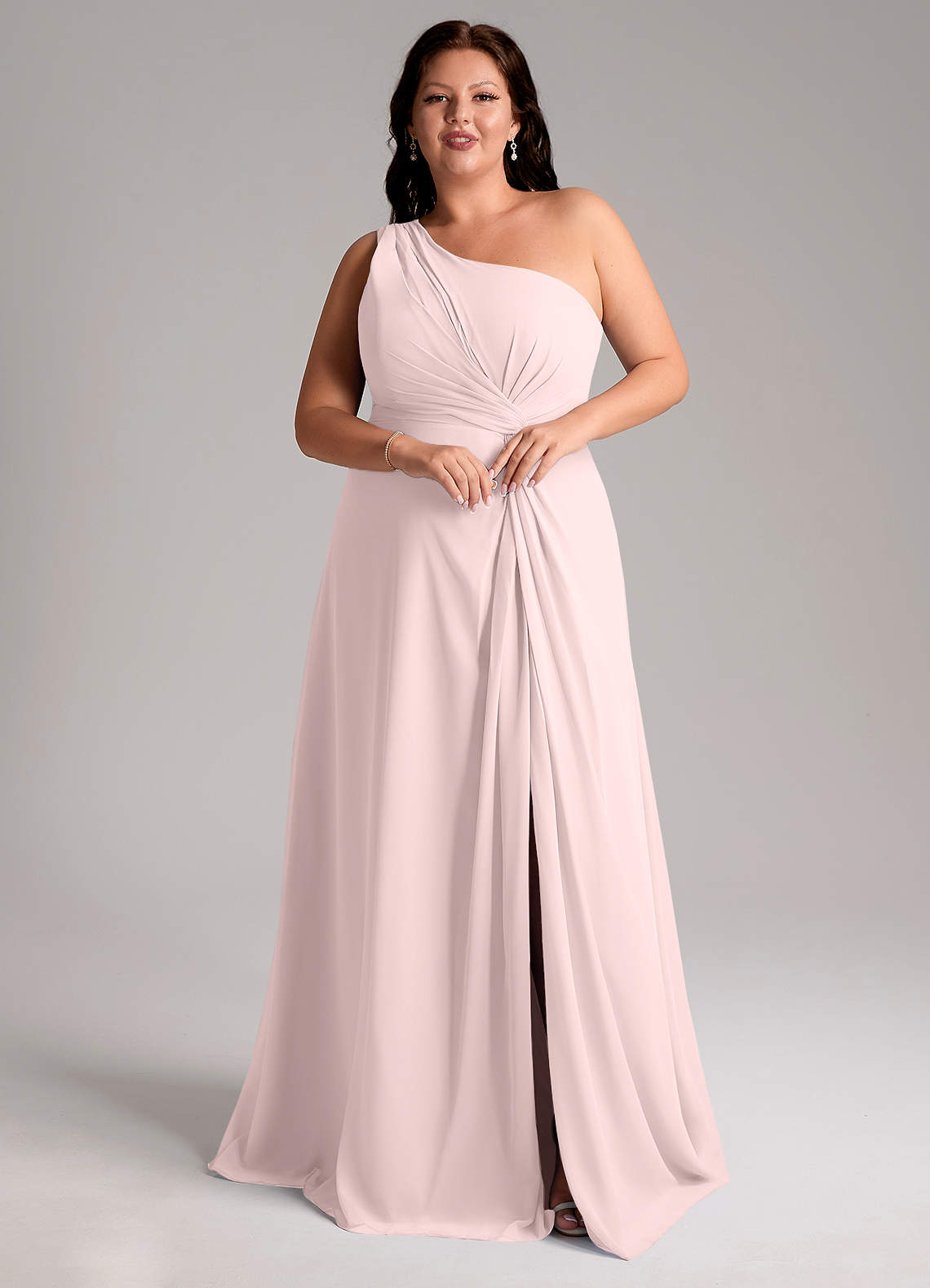 Azazie Brooke Bridesmaid Dresses Blushing Pink A-Line One Shoulder Chiffon Dress image10