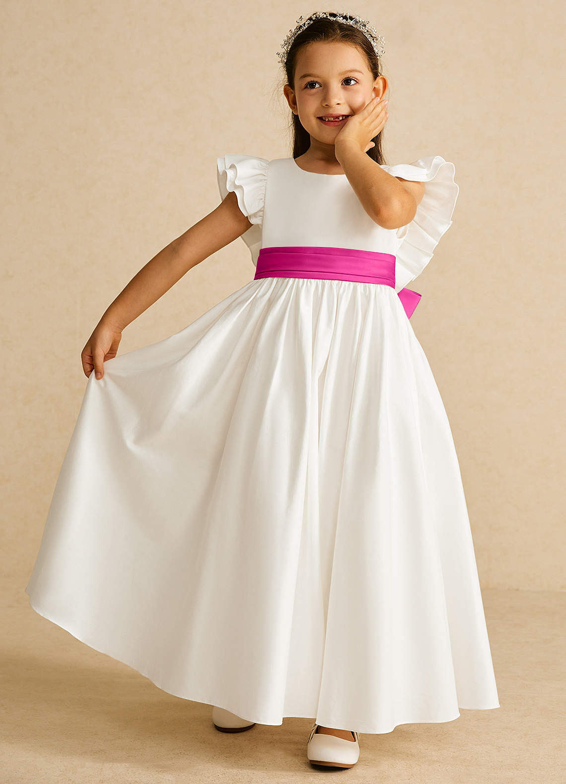 Azazie Aero Robe Demoiselle D'honneur Fillette Robe Trapèze en Coton Plissée Ivoire Fuchsia image5