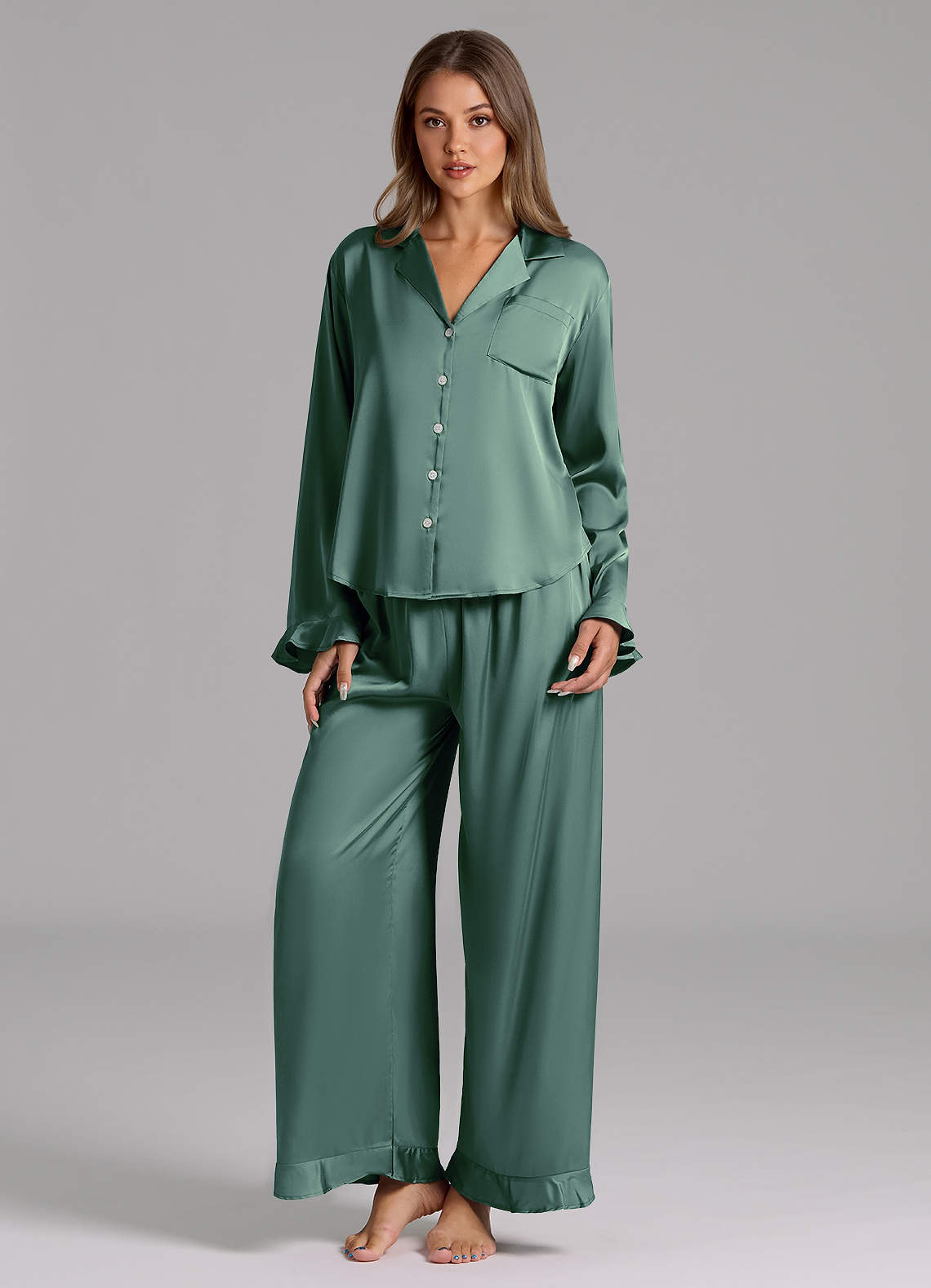 front Matching Color Ruffled Satin Long Sleeve Pajama Set