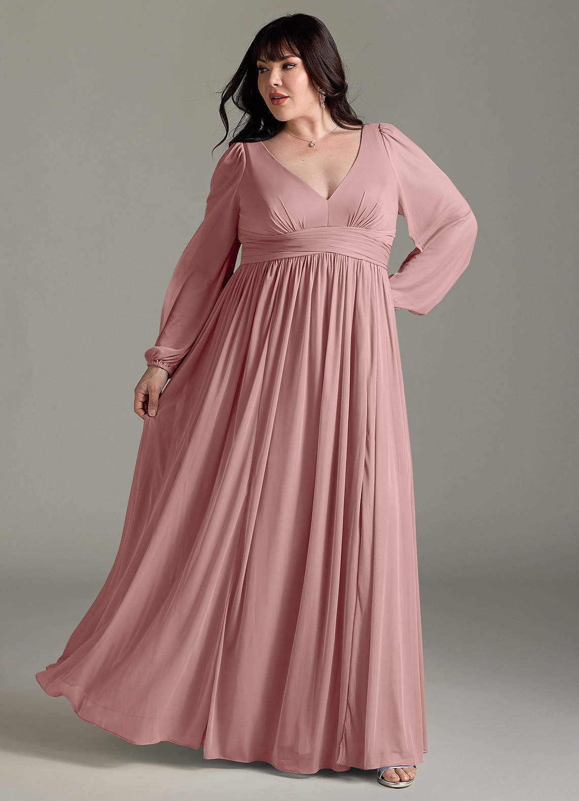 Azazie Norah Abiti da Damigella Abito A-Line in Chiffon con Maniche lunghe e Scollo a V Rosa Polverosa image7