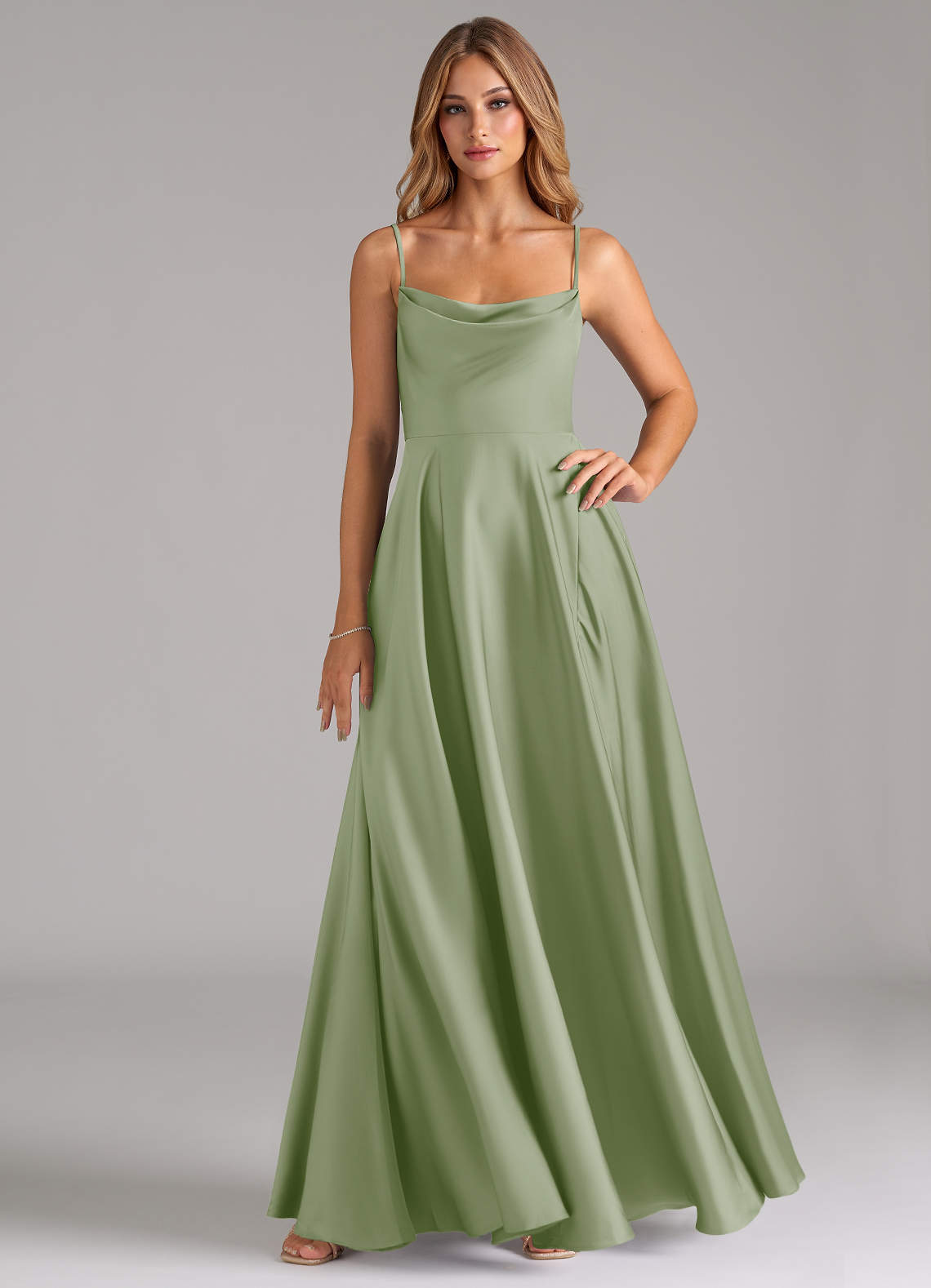 Azazie Elle Bridesmaid Dresses Dusty Sage A-Line Pleated Stretch Satin Dress image1