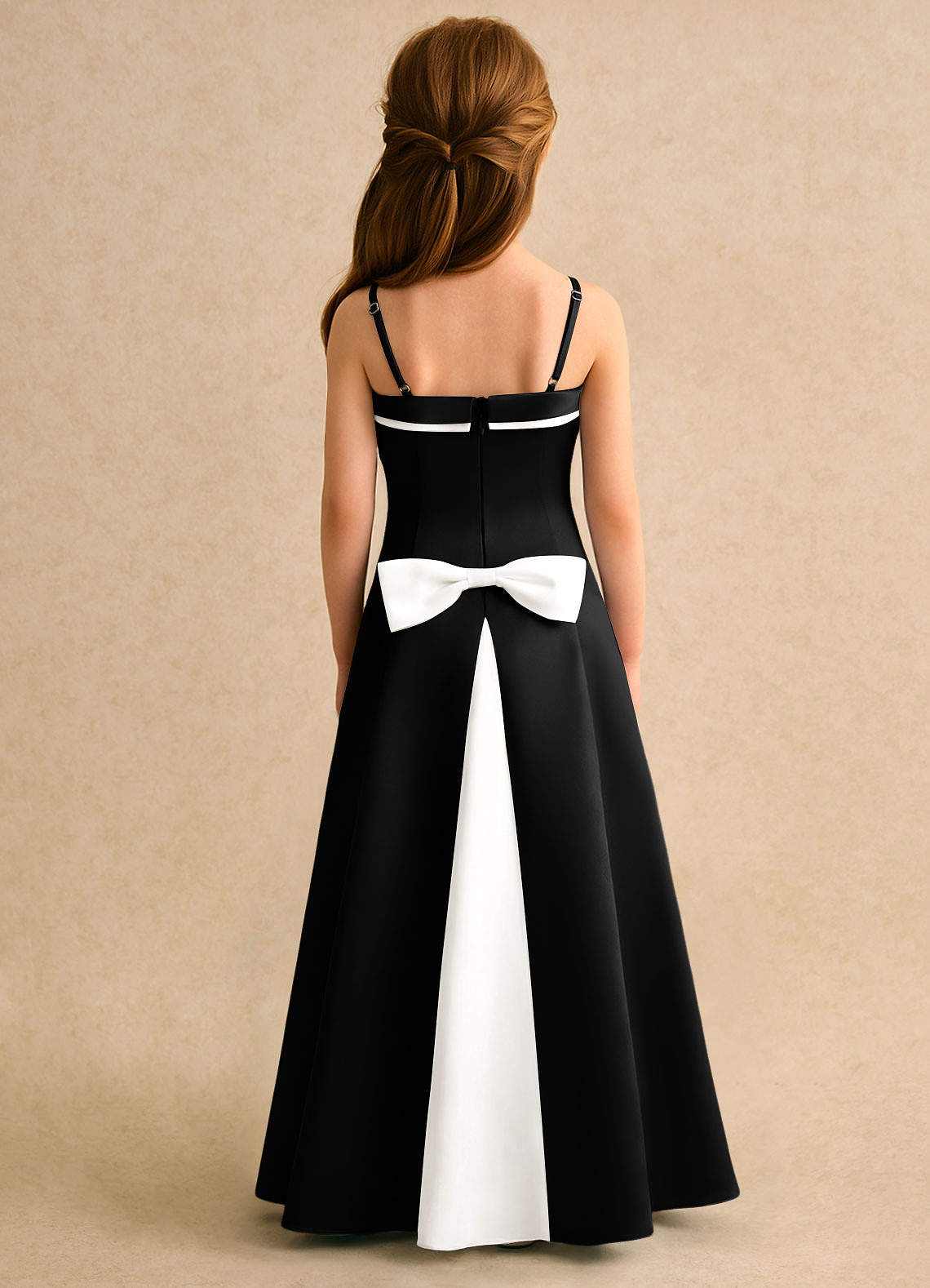 Azazie Izel Junior Formal Flower Girl Dresses Ivory Black A-Line Pleated Matte Satin Dress image3