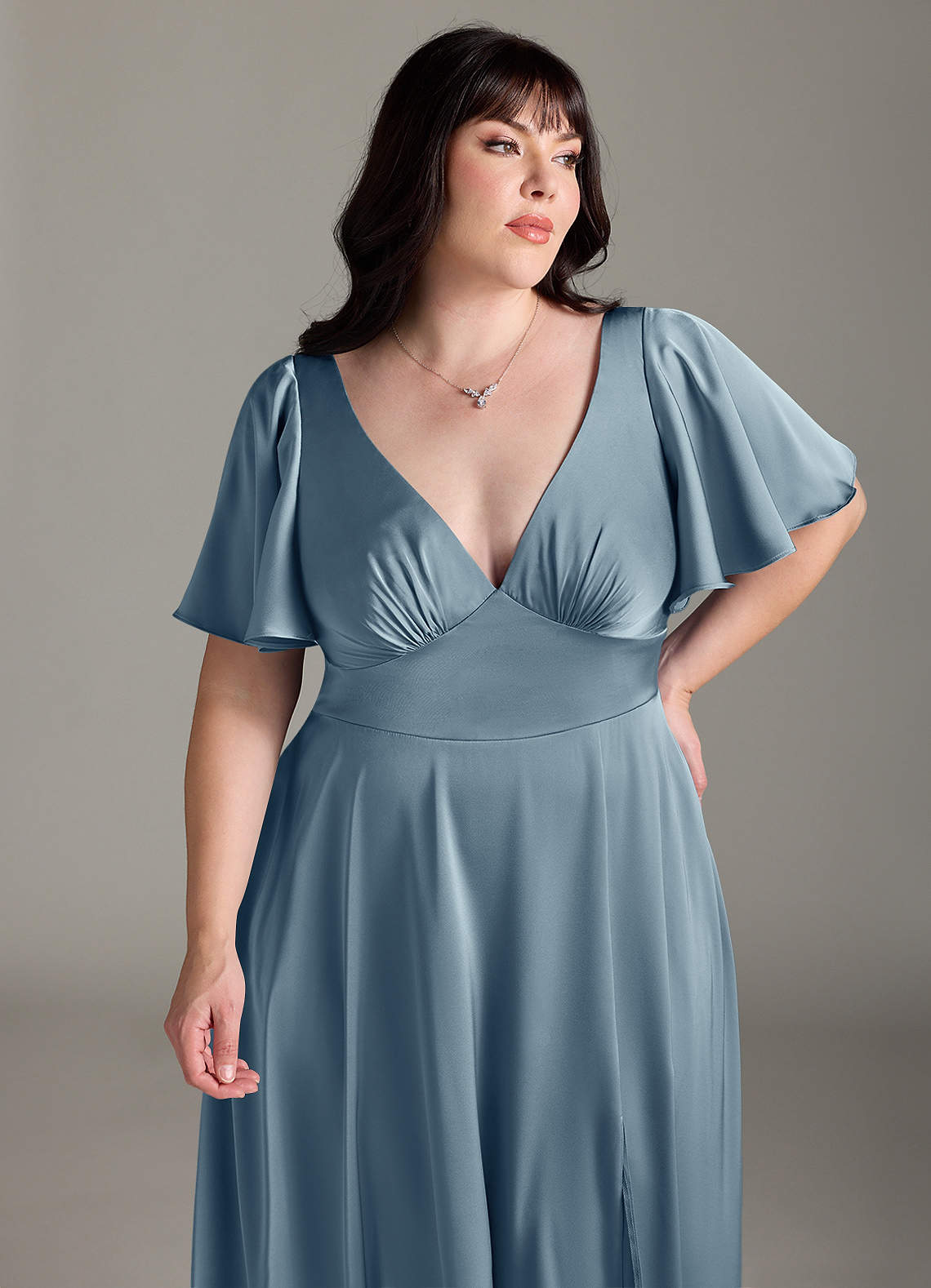 Azazie Kimber Bridesmaid Dresses Dusty Blue A-Line Ruched Stretch Satin Dress image10