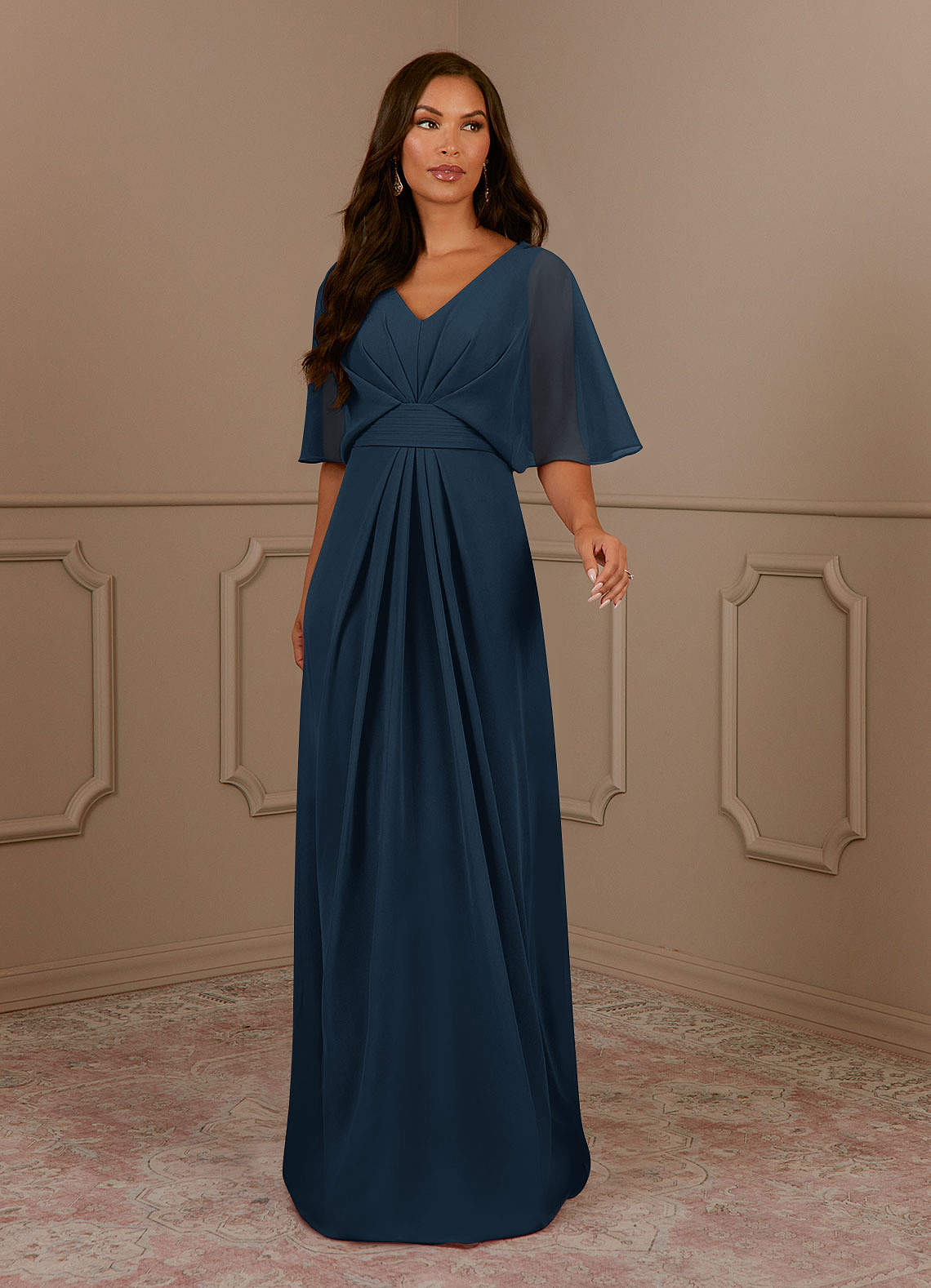 Azazie Oksana Dark Navy A-Line V-Neck Pleated Chiffon Dress | Azazie