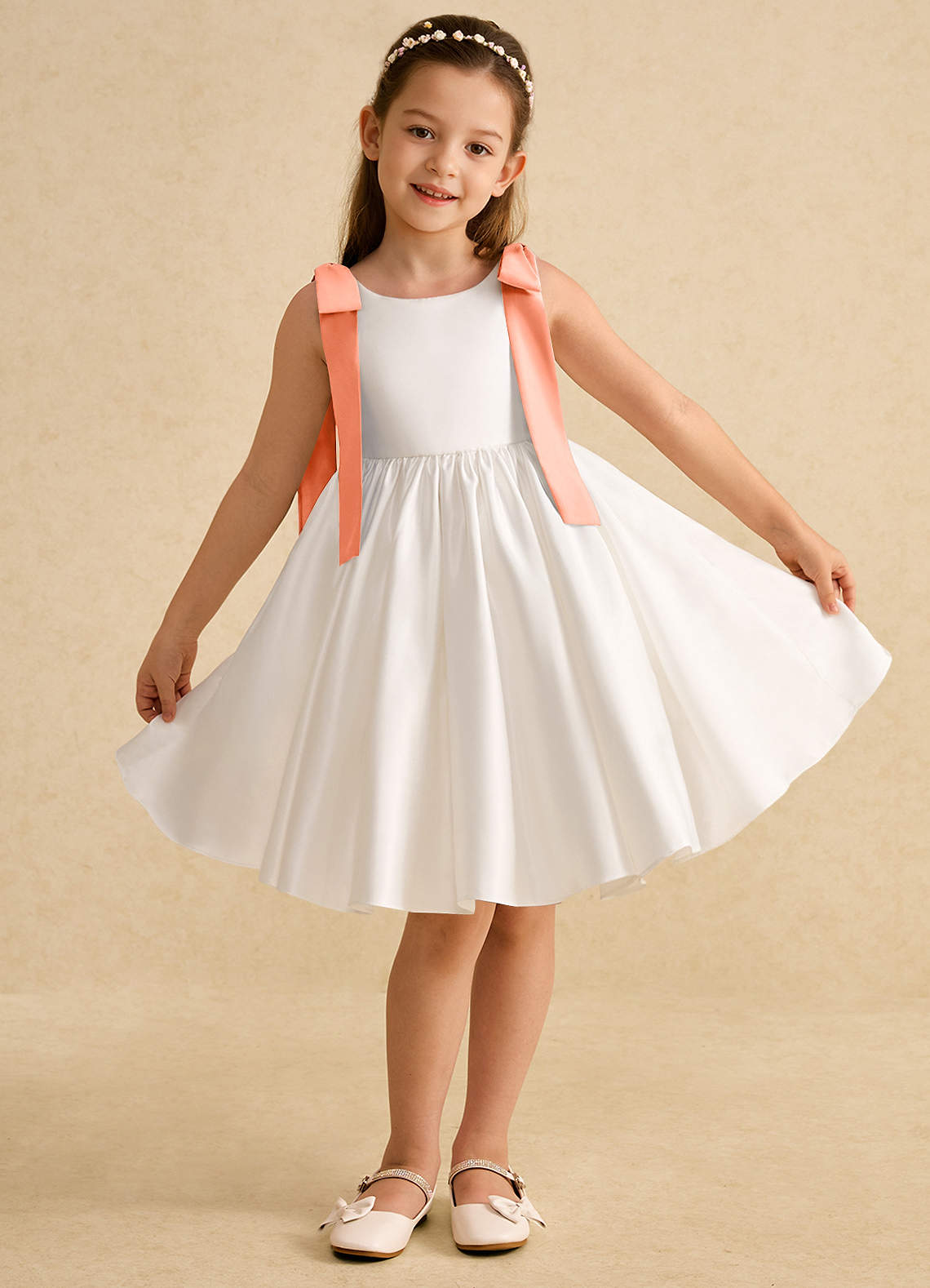Azazie Stacie Flower Girl Dresses Ivory Sunset A-Line Bow Matte Satin Dress image1
