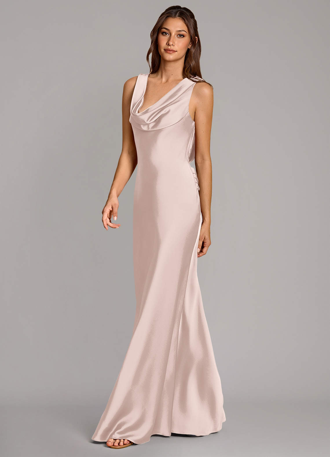 bridesmaid dresses pink and silver Azazie Cheryl Blushing Pink Stretch Satin Bridesmaid Dresses
