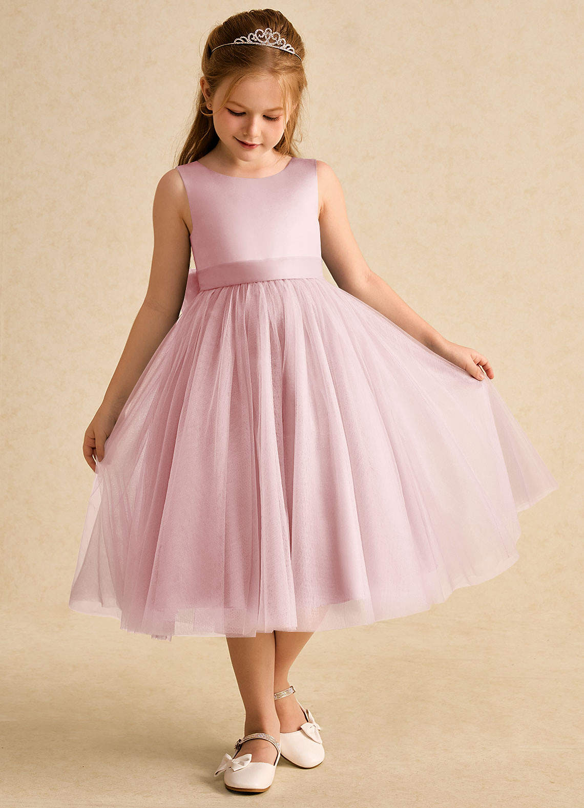 Azazie Winnie Robe Demoiselle D'honneur Fillette Robe Princesse en Tulle Arc Rose Poudré image1
