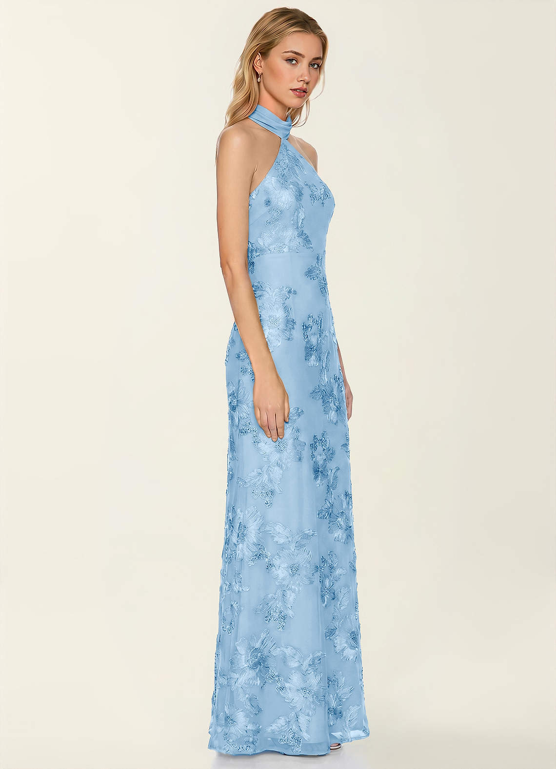 lace and mesh bridesmaid dress Azazie 2026 Lace Up Open Back Column Prom Dress Sky Blue Gown