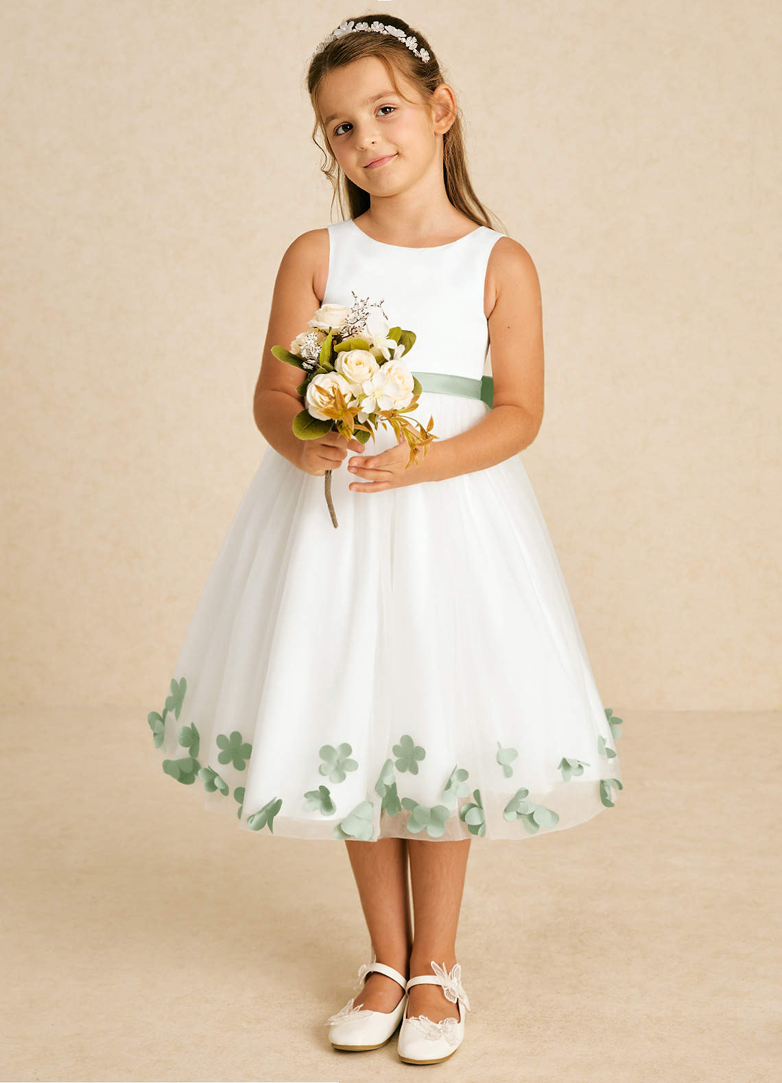Azazie Dot Flower Girl Dresses Ivory Dusty Sage A-Line Bow Tulle Dress image1
