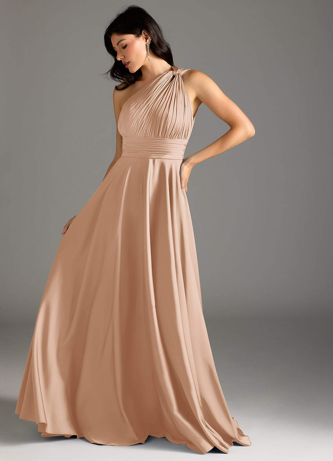 Azazie Charlize Bridesmaid Dresses English Rose A-Line One Shoulder Stretch Satin Dress image4