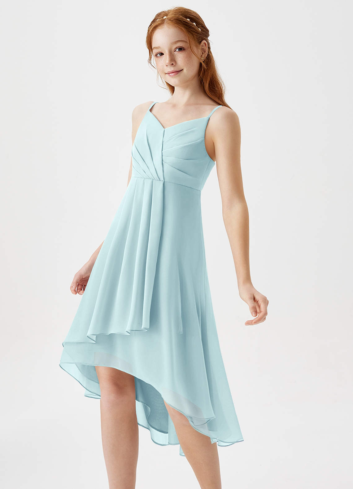 Azazie Mariam Junior Abito A-Line in Chiffon Plissettato Sea Glass image1