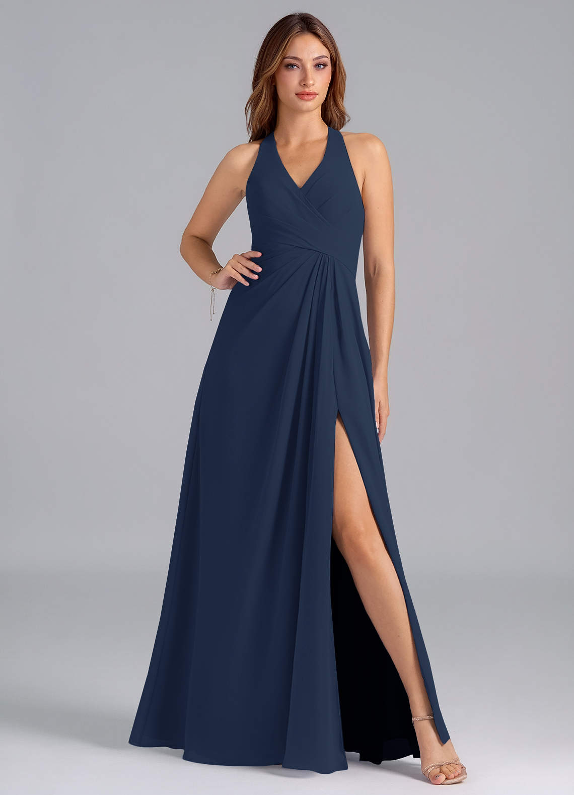 Azazie Dorota Bridesmaid Dresses Dark Navy A-Line Pleated Chiffon Dress image1