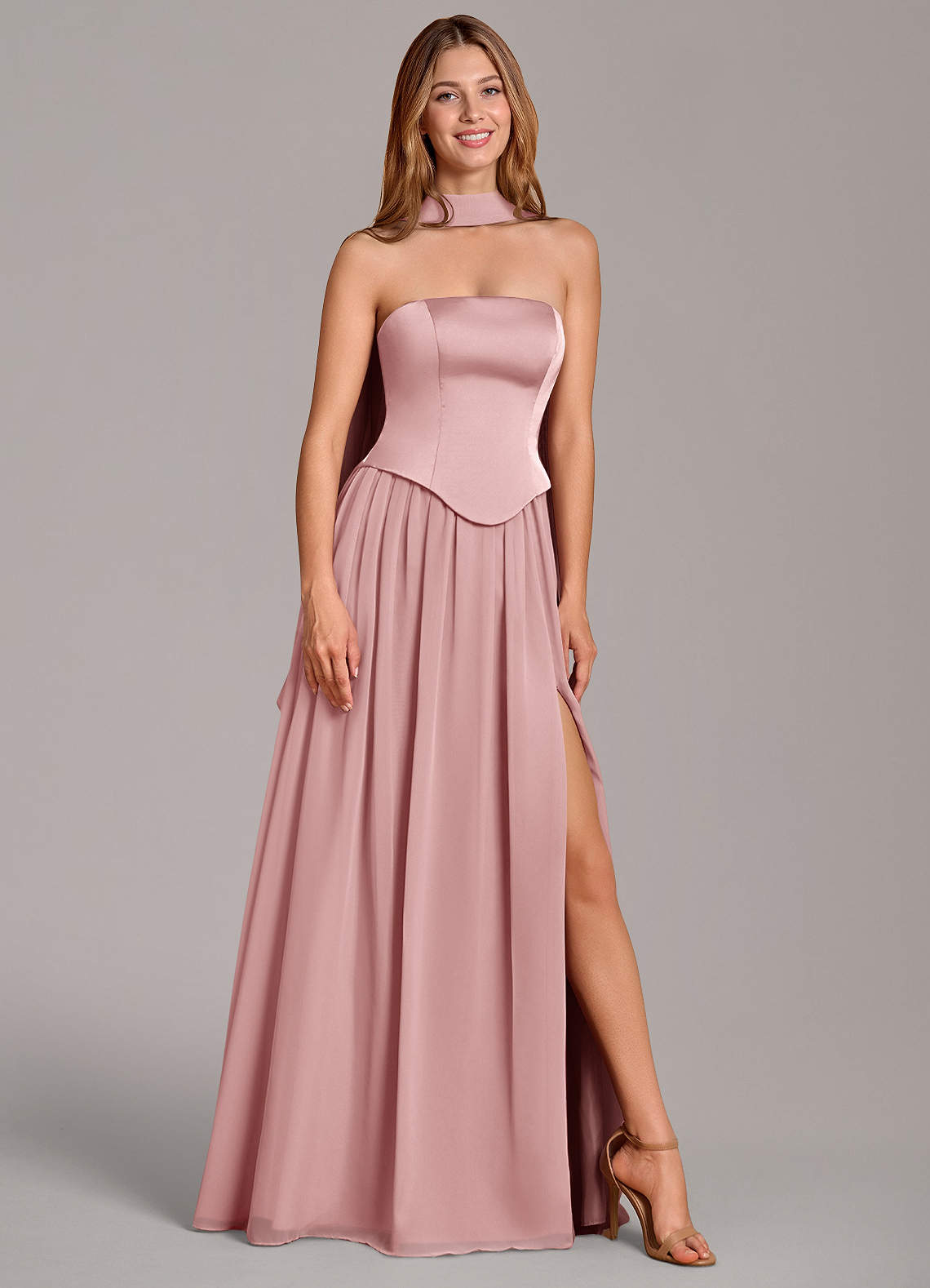 Azazie Cadence Robes de demoiselle d'honneur Robe Trapèze Convertible en Satin extensible Corset Rose Poussiéreuse image1