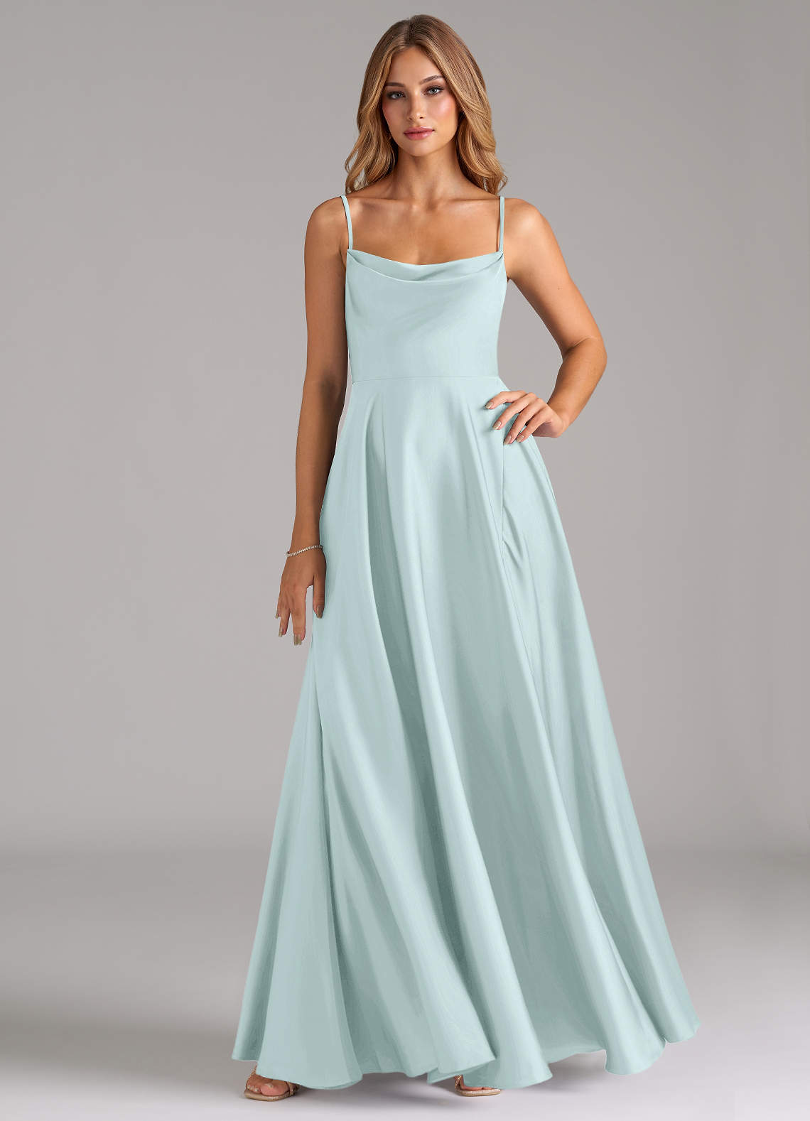 Azazie Elle Bridesmaid Dresses Sea Glass A-Line Pleated Stretch Satin Dress image1