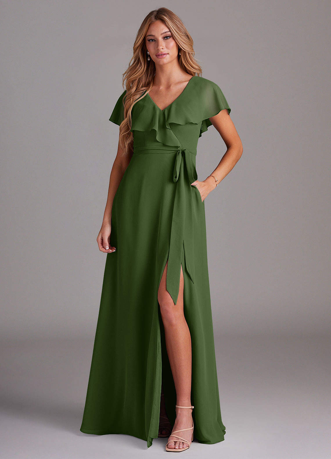 Azazie Lainey Bridesmaid Dresses Olive A-Line with Pockets Chiffon Dress image1