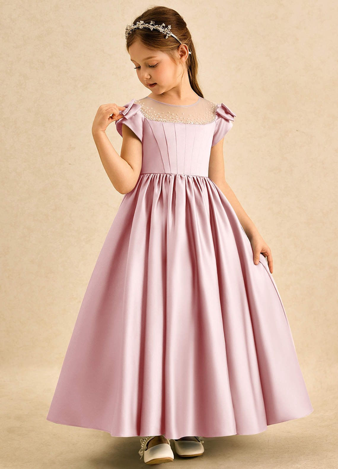 Azazie Toffee Vestidos de florista Vestido Pó Rosa de Cetim fosco de Vestido de baile com Laço image3