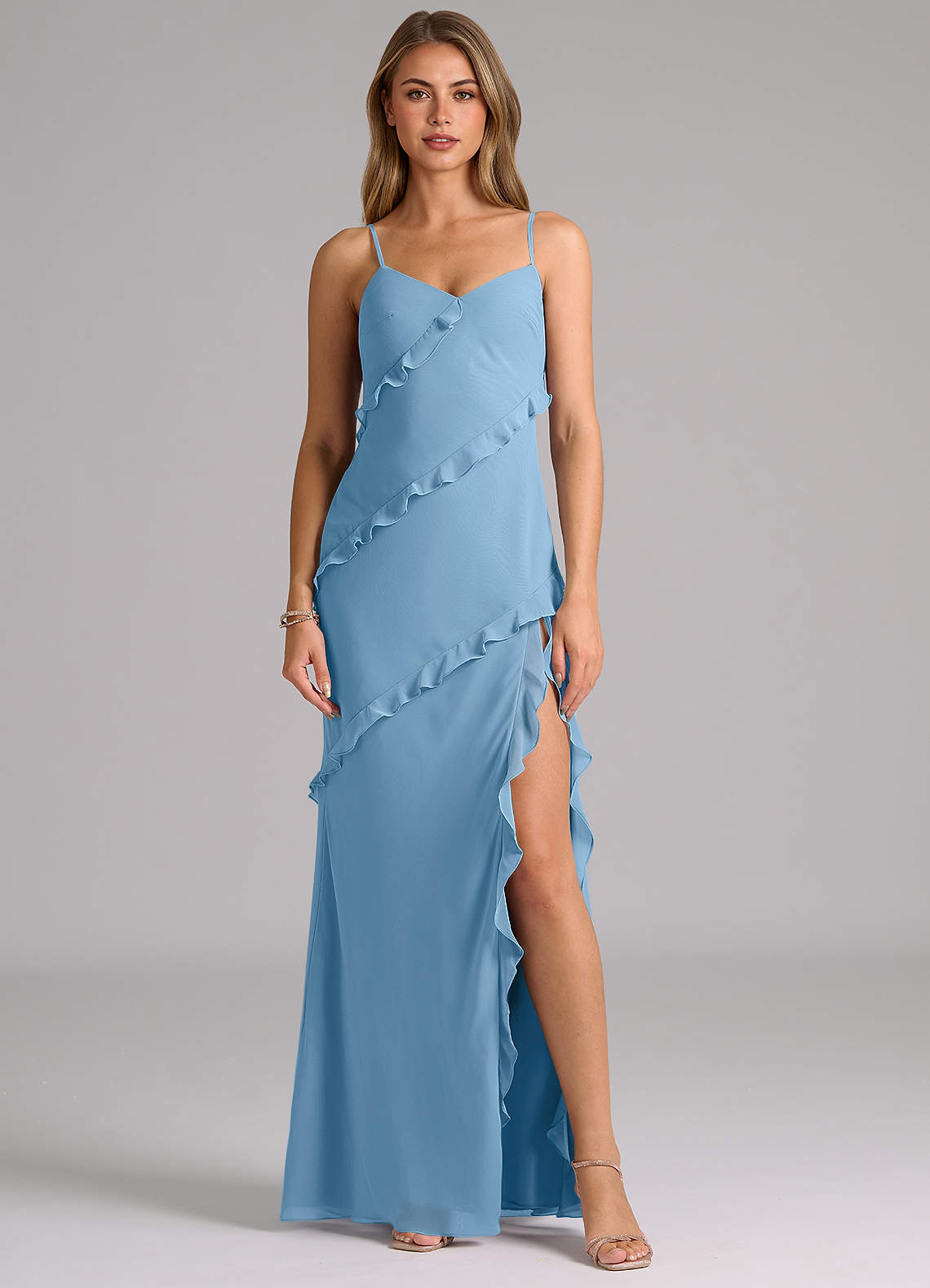 Azazie Nancie Brautjungfernkleider Meerjungfrau-Linie Gestreift Chiffon Kleid Stahlblau image1