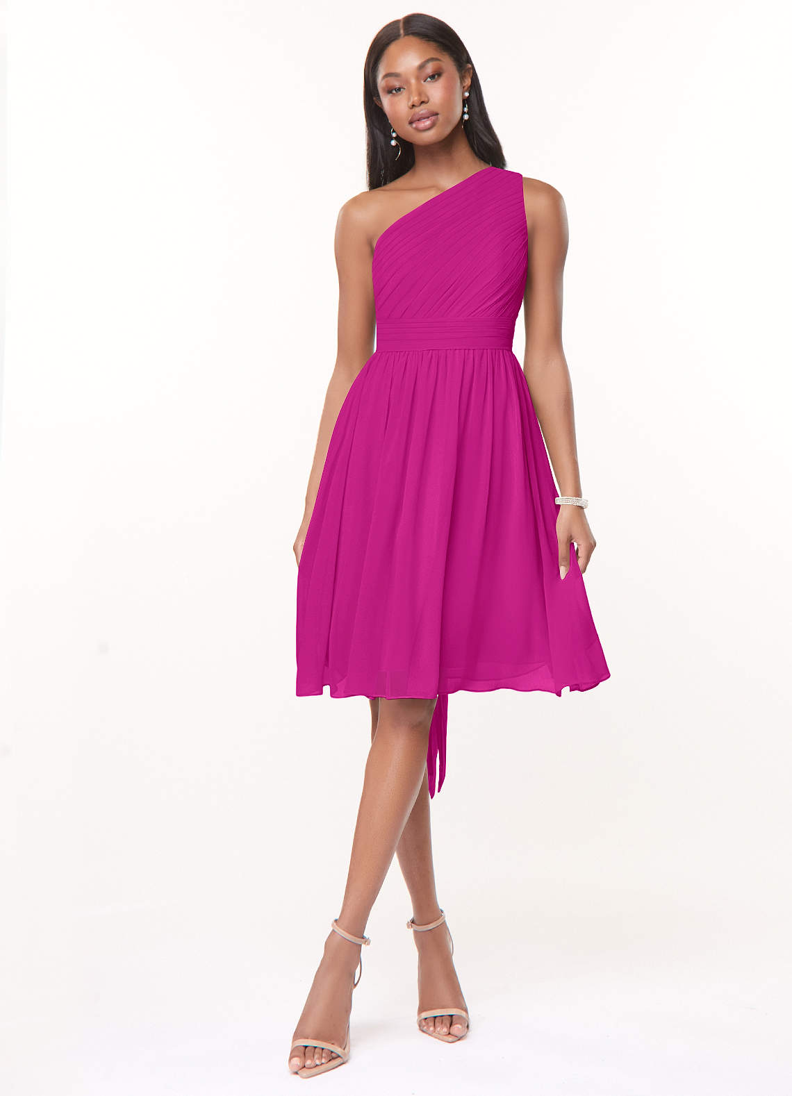 Azazie Katrina Bridesmaid Dresses Fuchsia A-Line One Shoulder Chiffon Dress image1