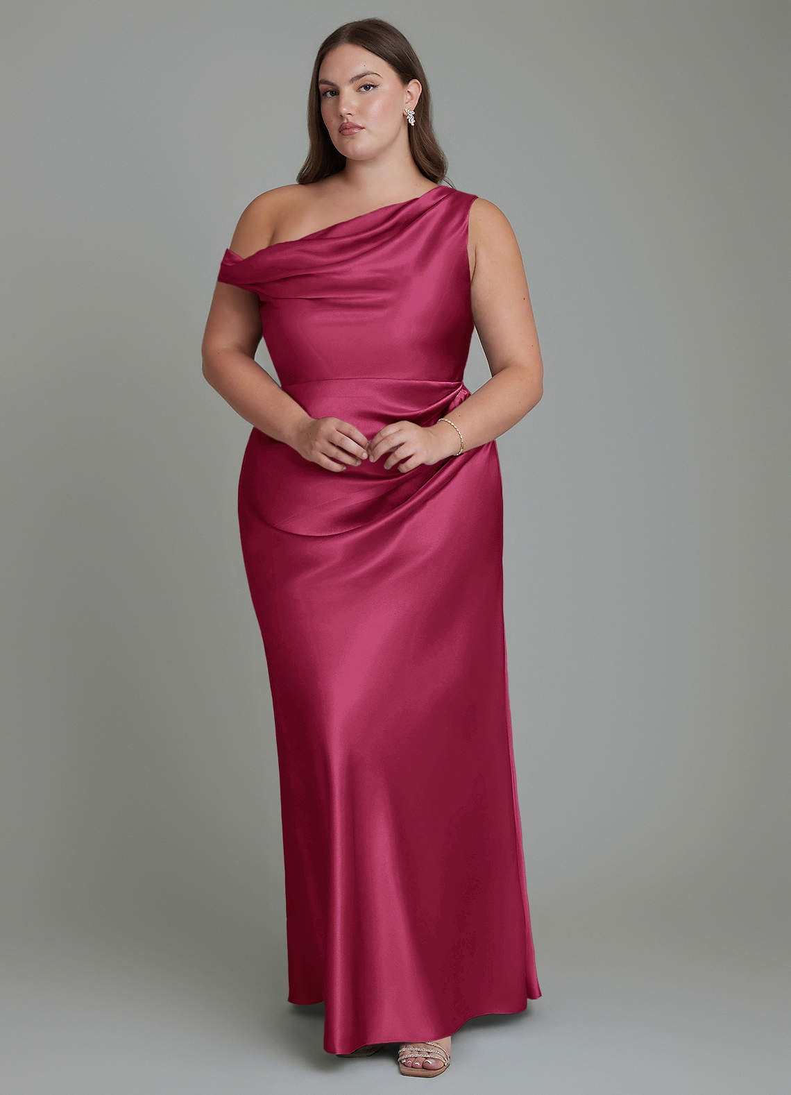 Azazie Emerson Bridesmaid Dresses Burgundy Mermaid Off the Shoulder Metallic Satin Dress image1