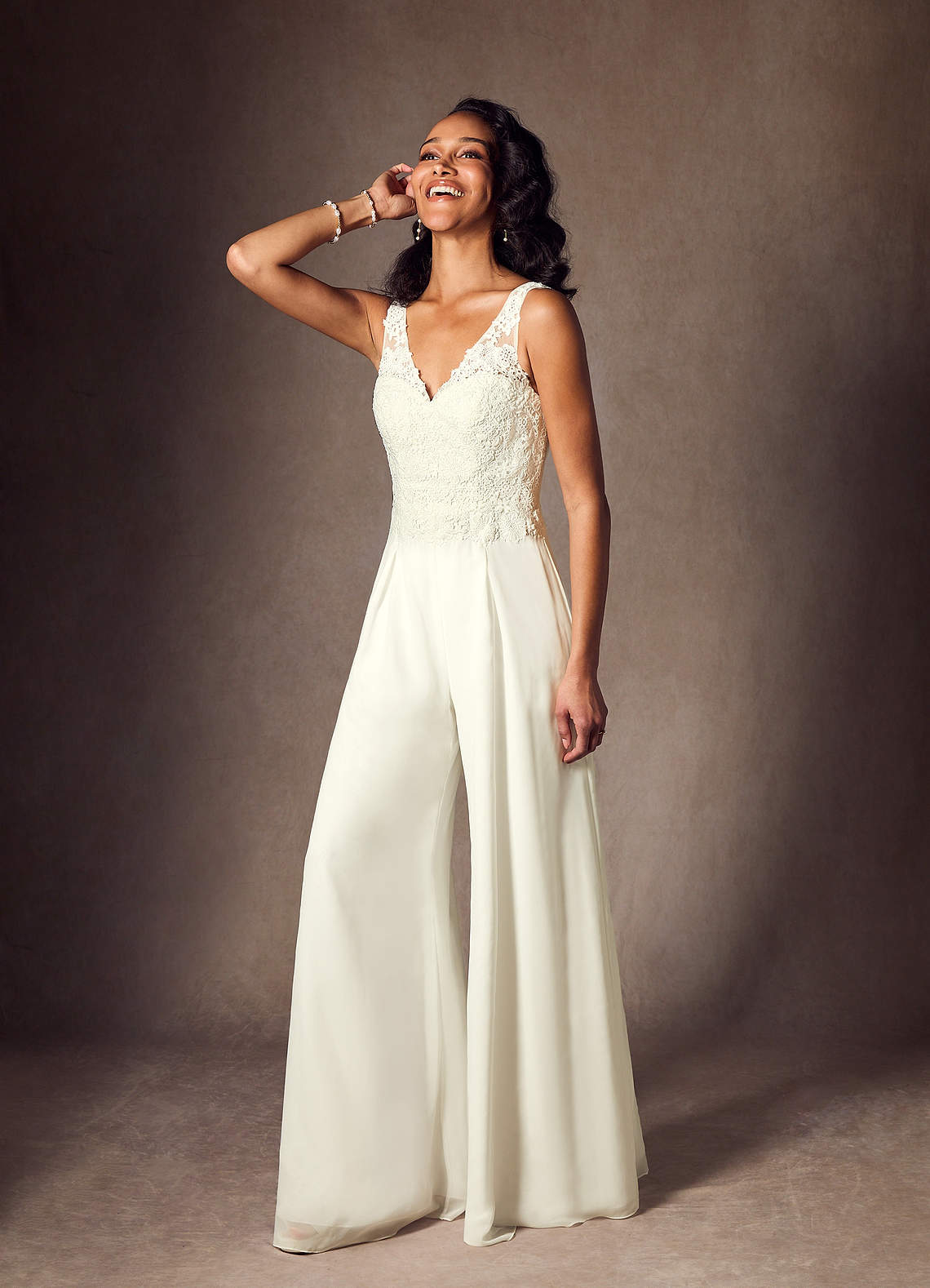 Azazie Florine At-home Try On Dresses Cream Pant Styles V-Neck Lace Chiffon Dress image4