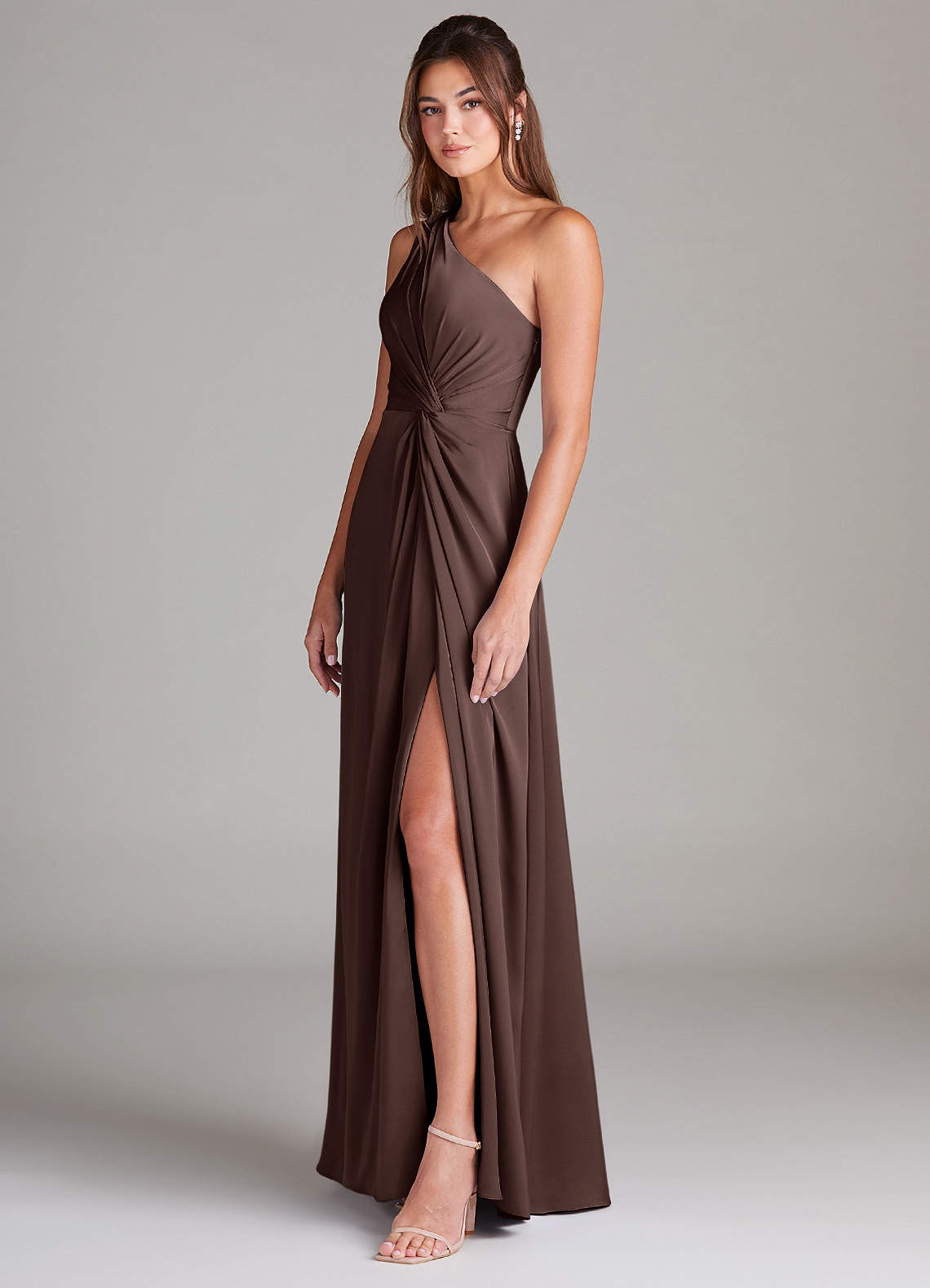 Azazie Brooke Bridesmaid Dresses Ganache A-Line One Shoulder Stretch Satin Dress image4