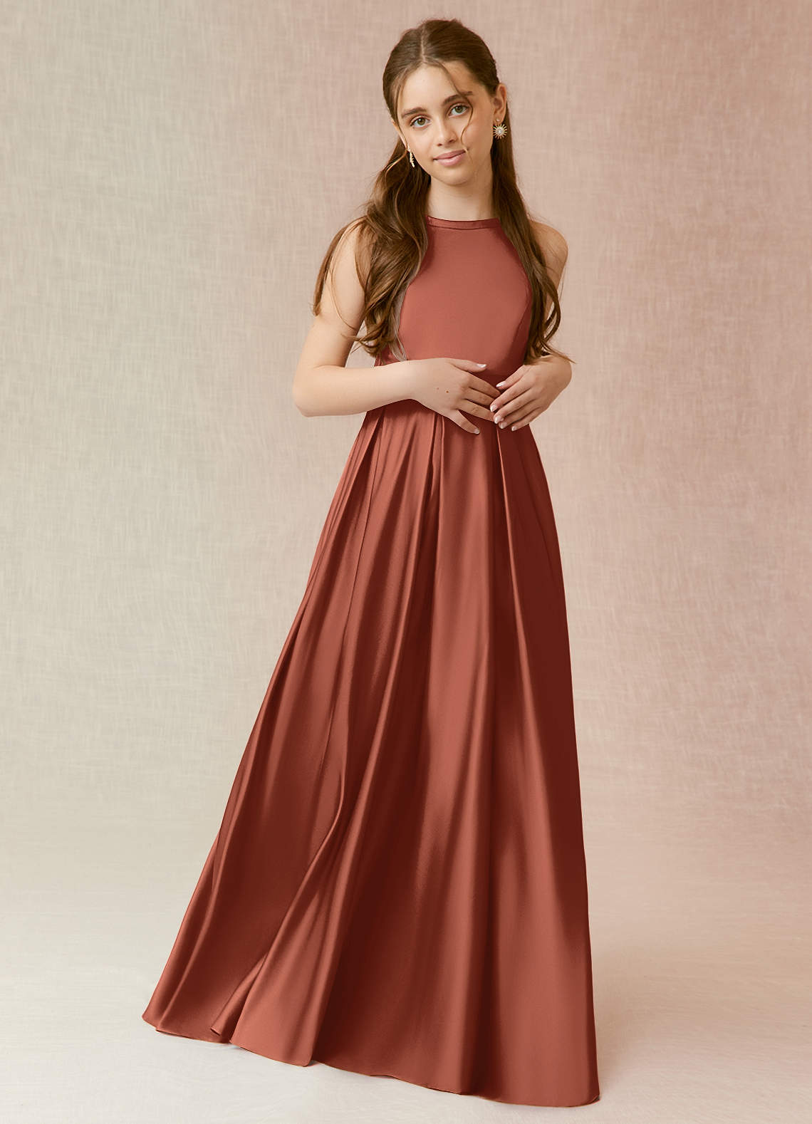 Azazie Arianthe Junior Clay A-Line with Pockets Stretch Satin Dress image1