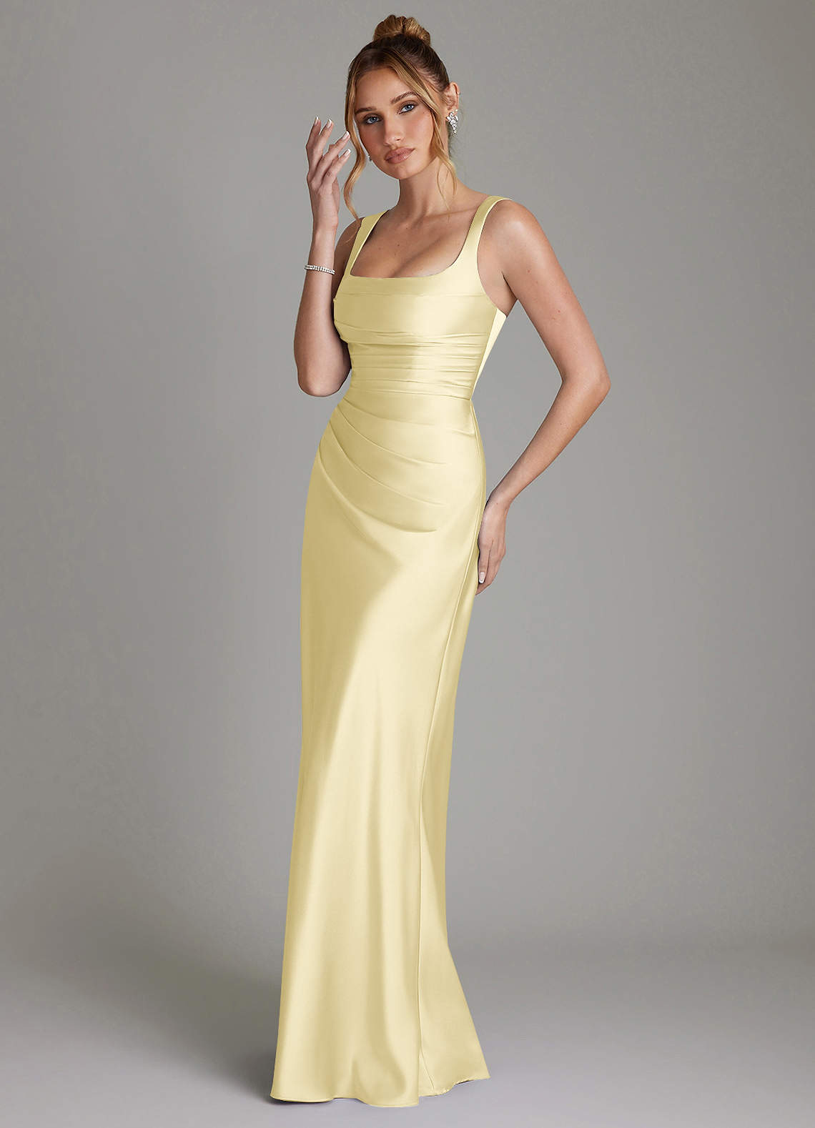 Azazie Agustina At-home Try On Dresses Lemon Sorbet Mermaid Corset Stretch Satin Dress image4