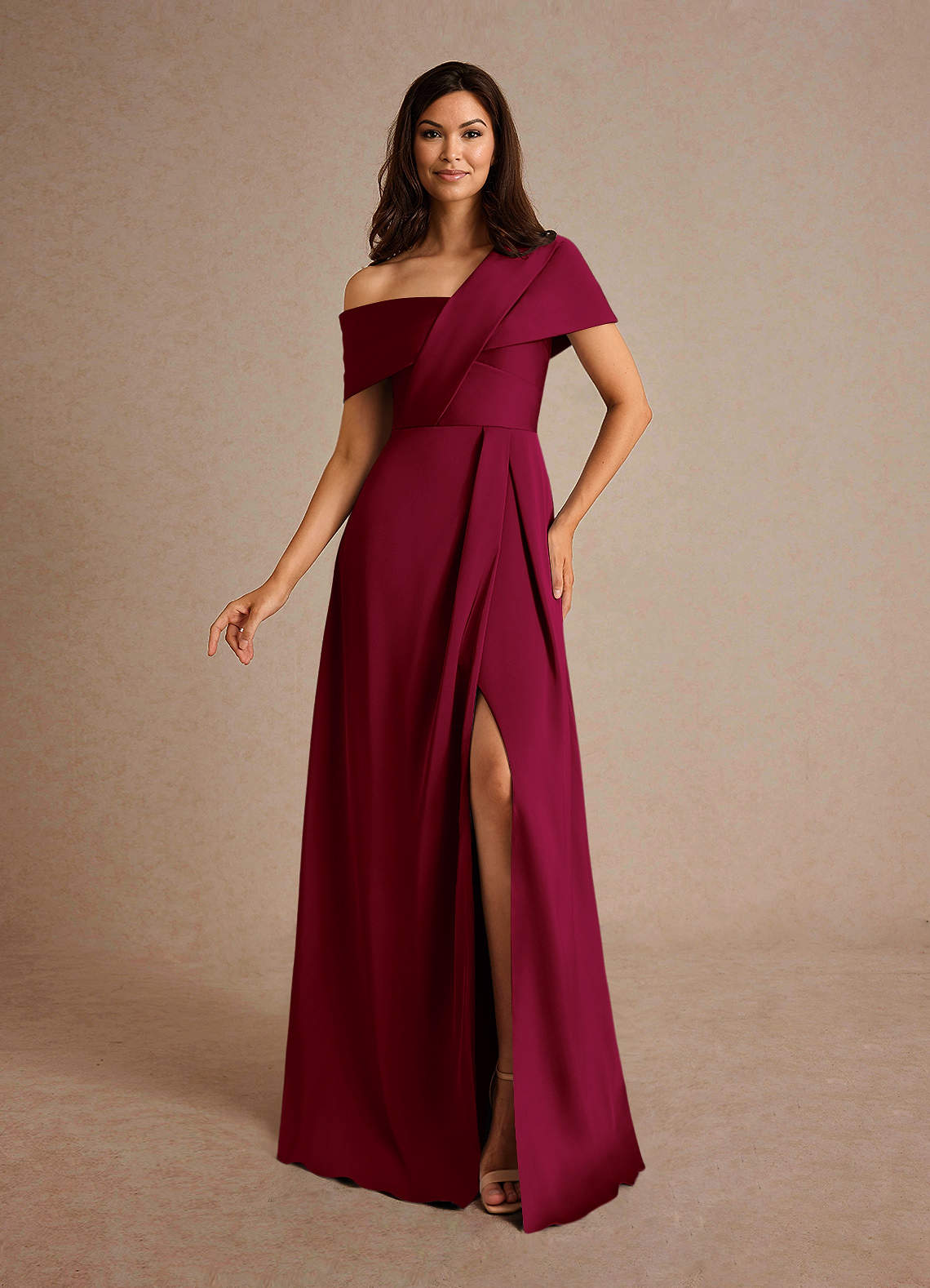 Azazie Milton Mother of the Bride Dresses Burgundy A-Line Pleated Stretch Satin Dress image1