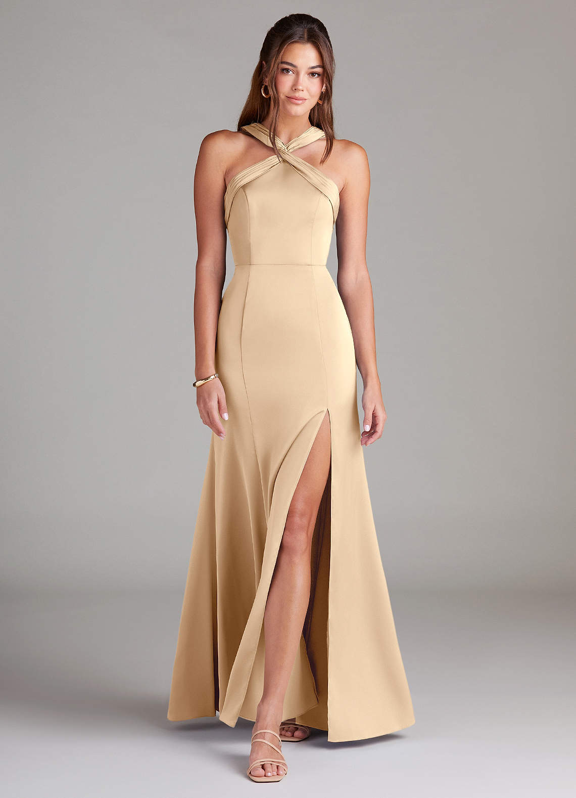 Azazie Rue Bridesmaid Dresses Champagne A-Line Pleated Stretch Satin Dress image2