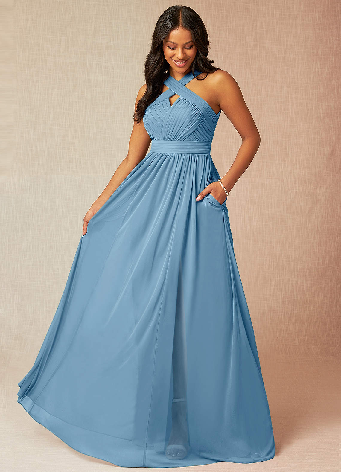 Azazie Hillian Abiti da Damigella Abito A-Line in Maglia con Scollo Halter a Pieghe Blu Acciaio image1