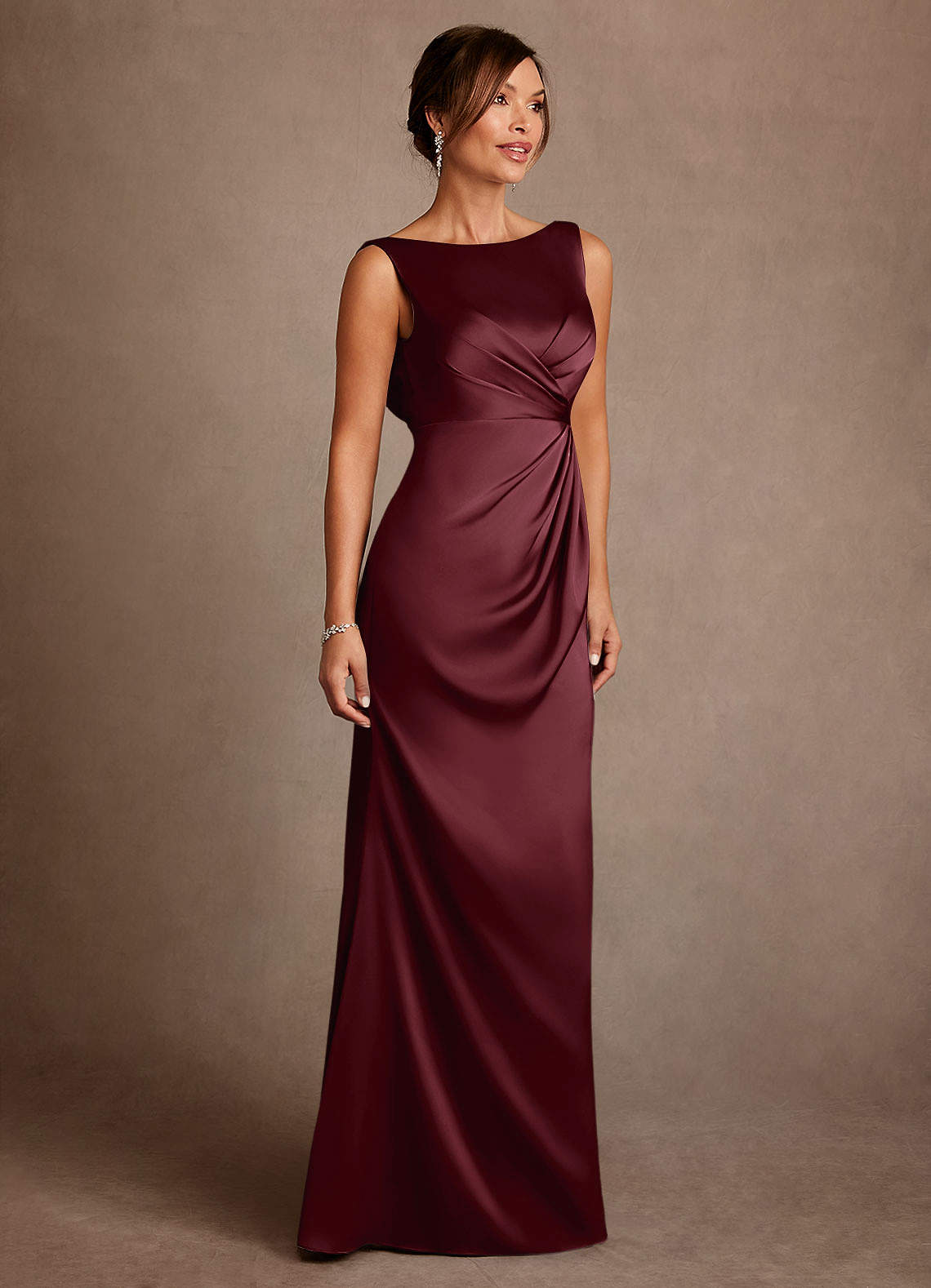 Azazie Baltimore Mother of the Bride Dresses Cabernet A-Line Pleated Stretch Satin Dress image3