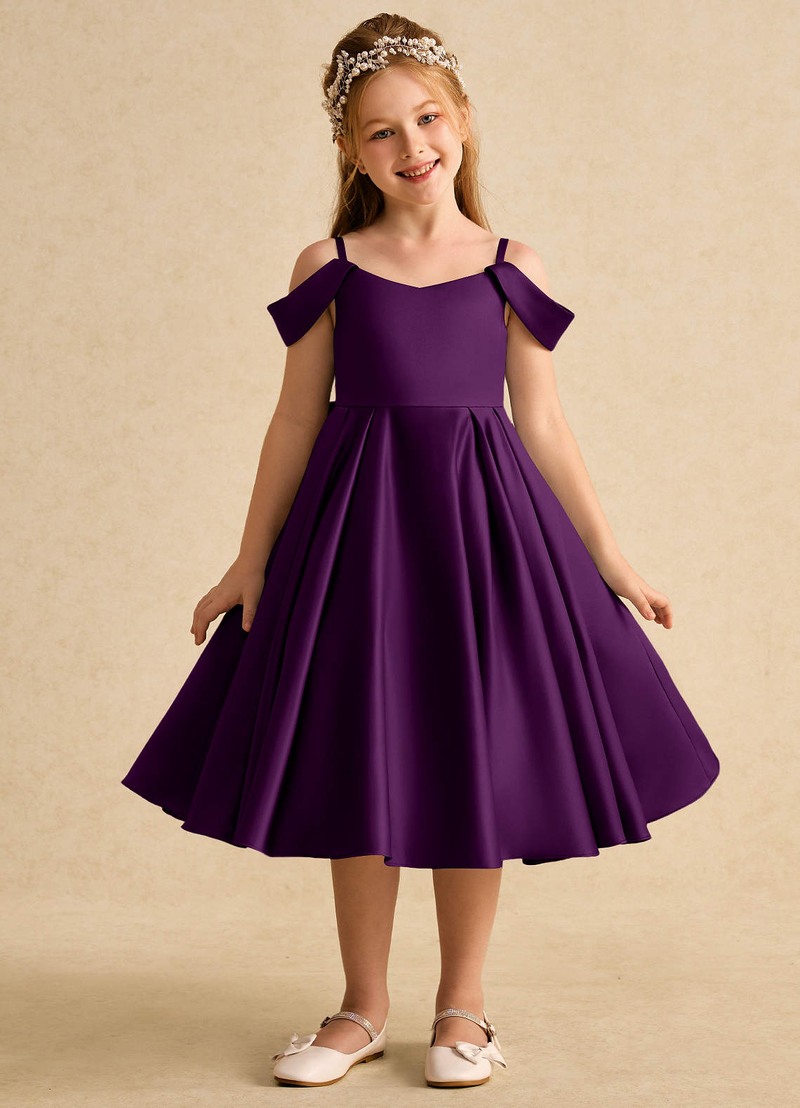 Azazie Favia Flower Girl Dresses Grape A-Line Off the Shoulder Matte Satin Dress image1