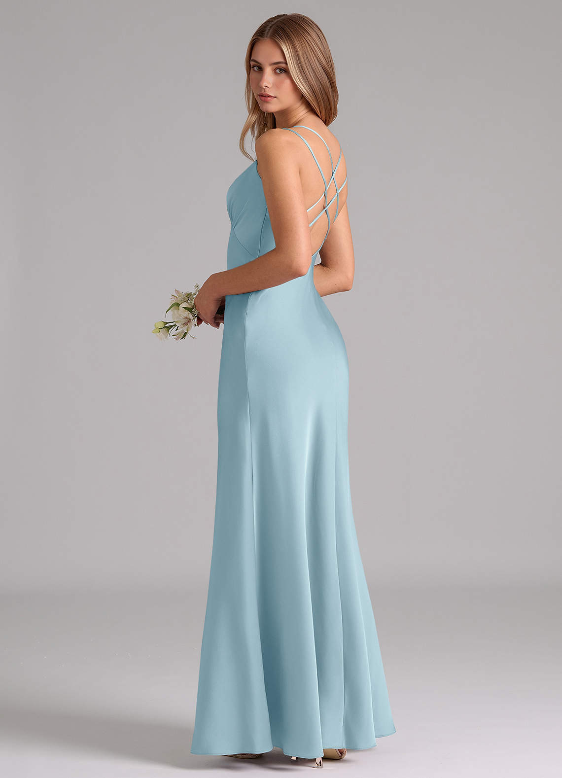 Azazie Suttona Vestidos de damas de honor Vestido de Azul Malhumorado de Satén Elástico de Corte en A con Plisado image1