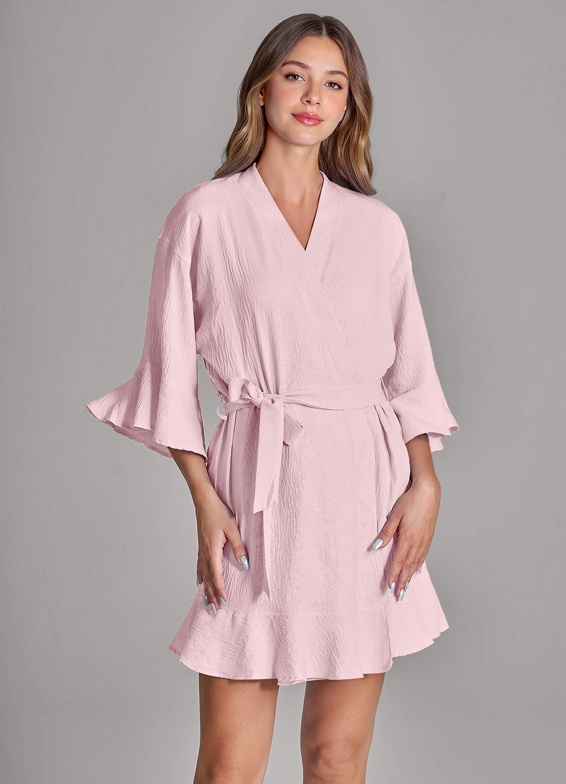 front Matching Color 2-Piece Ruffled Cloud-Soft Robe and Slip Set