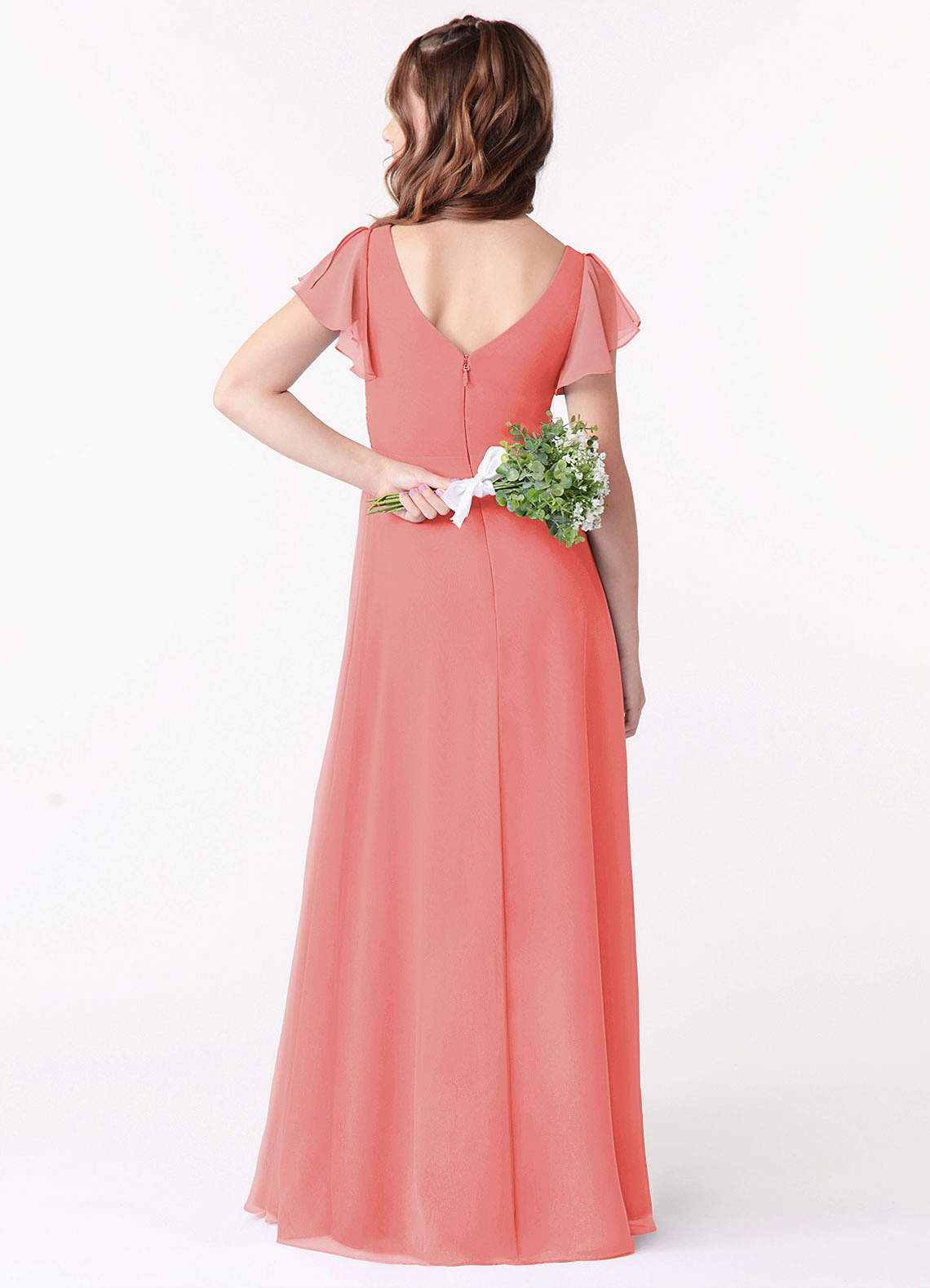 Azazie Omari Junior Vestido Coral de Chiffon de Linha A com Ruched image1