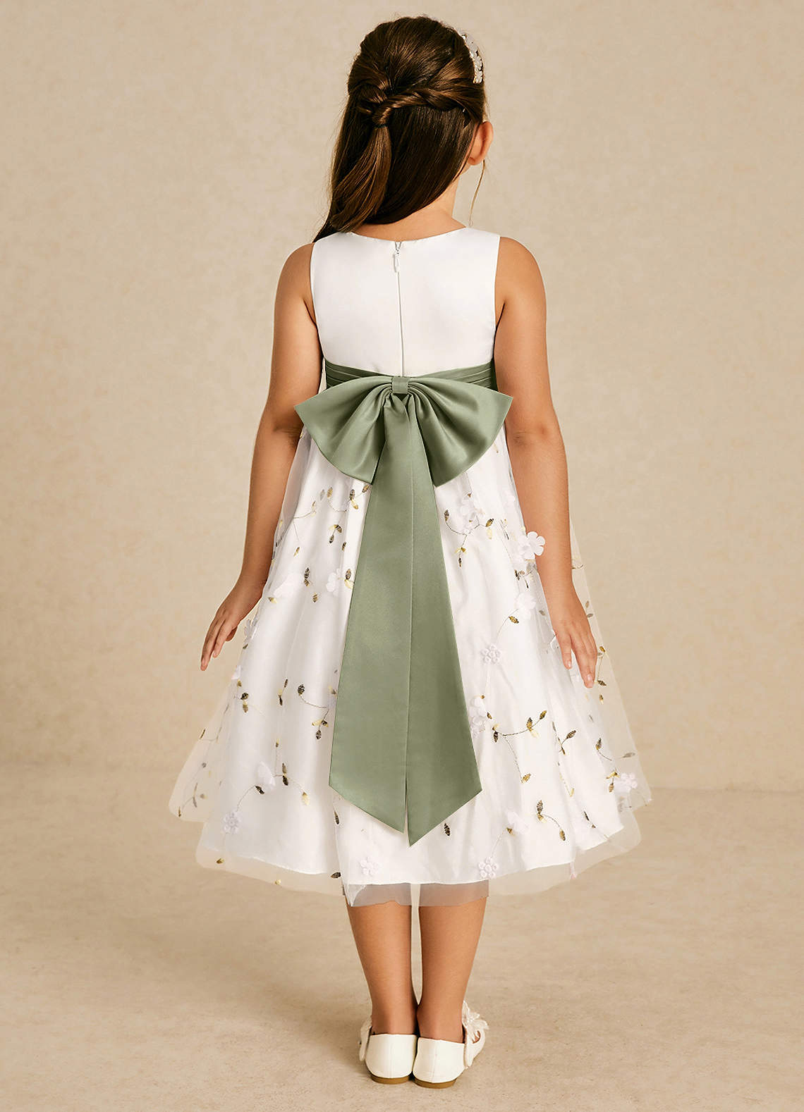 Azazie Pollie Flower Girl Dresses Ivory Pistachio A-Line Bow Tulle Dress image1
