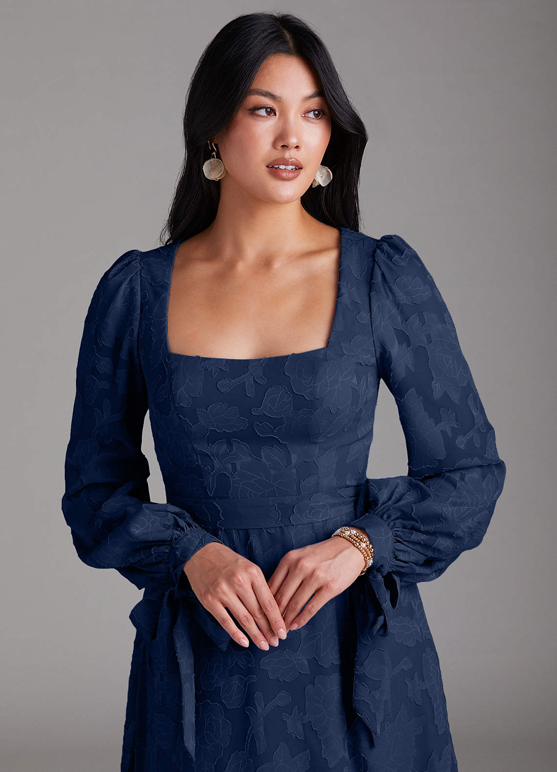 Azazie Leonia Bridesmaid Dresses Dark Navy A-Line Long Sleeve Floral Burnout Dress image5