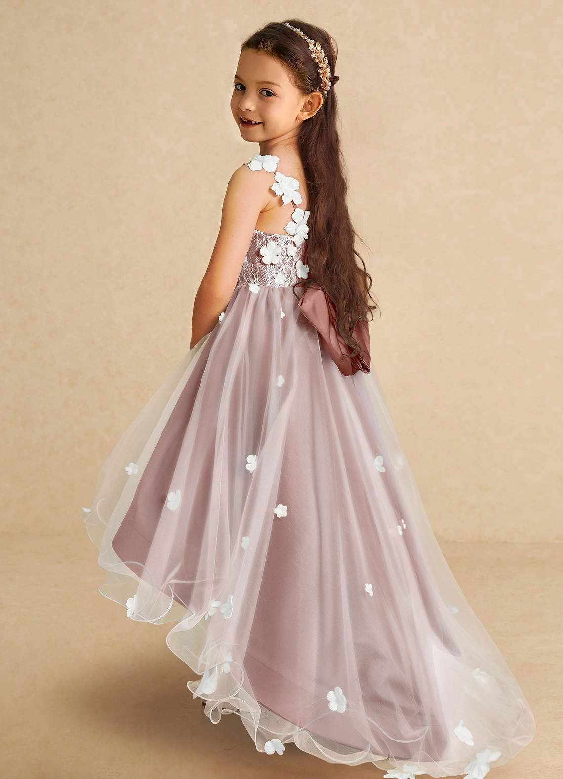 Azazie Celia Abiti da Ragazza di Fiori Abito A-Line in Tulle Pizzo Cedro Rosa image1