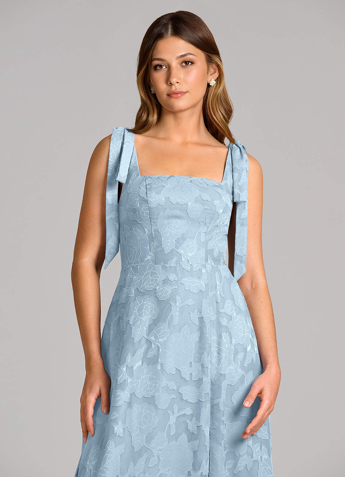 Azazie Debra Vestidos de madrinha de casamento Vestido Céu Azul de Esgotamento Floral de Linha A com com bolsos image1