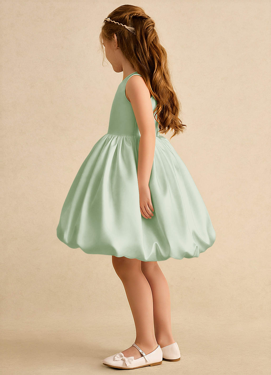 Azazie Nirvana Robe Demoiselle D'honneur Fillette Robe Princesse en Mat Satiné Rayé Vert Sauge image3