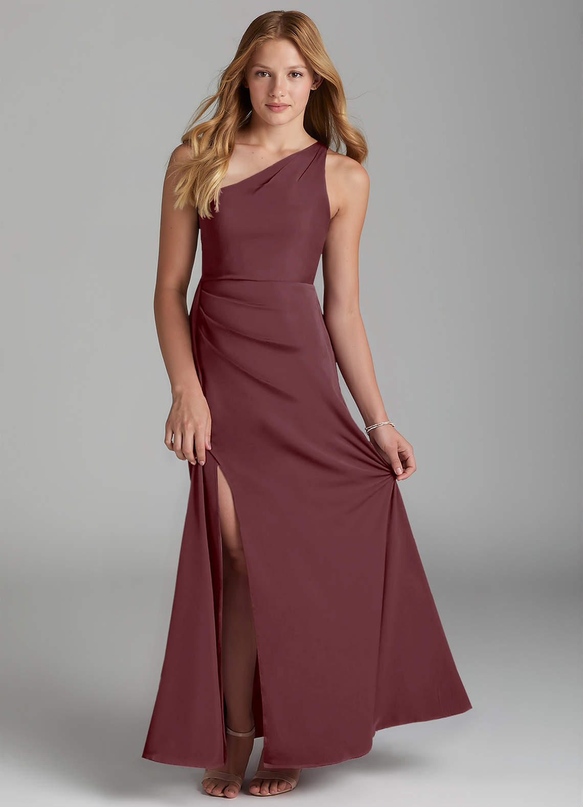 Azazie Maron Junior Sangria A-Line Pleated Stretch Satin Dress image1